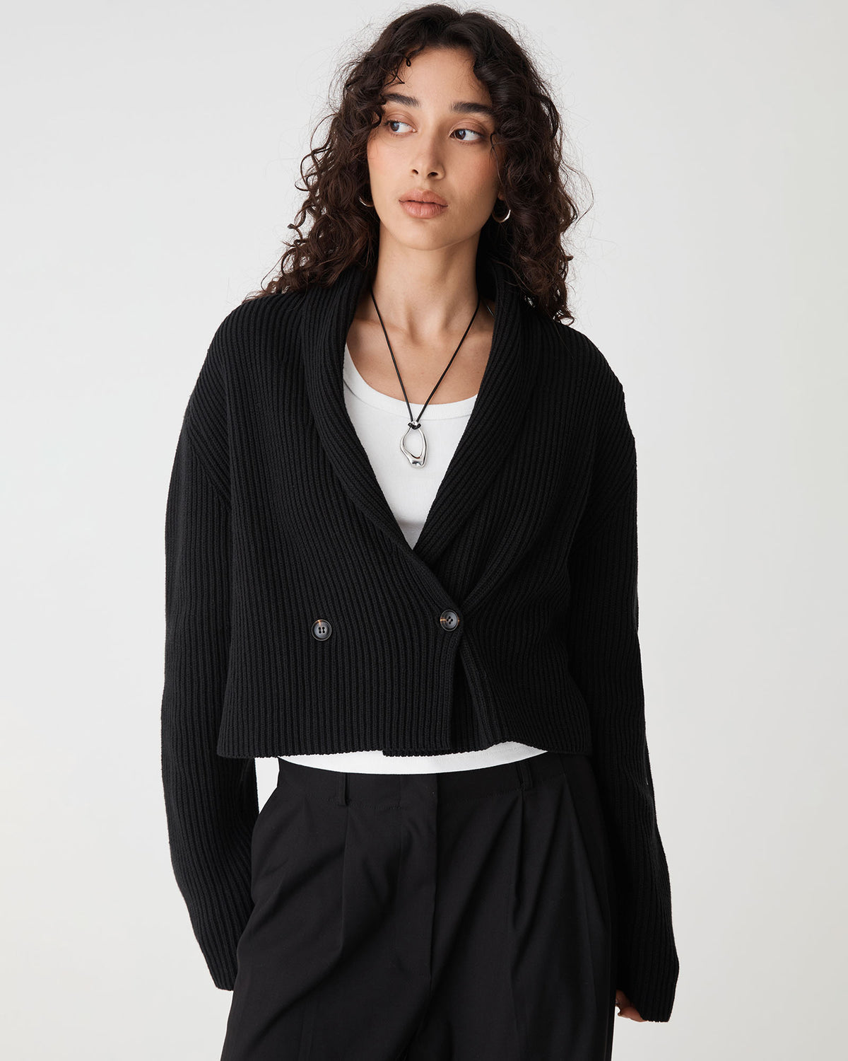 Avery Shawl Collar Cardigan in black — close-up view 2