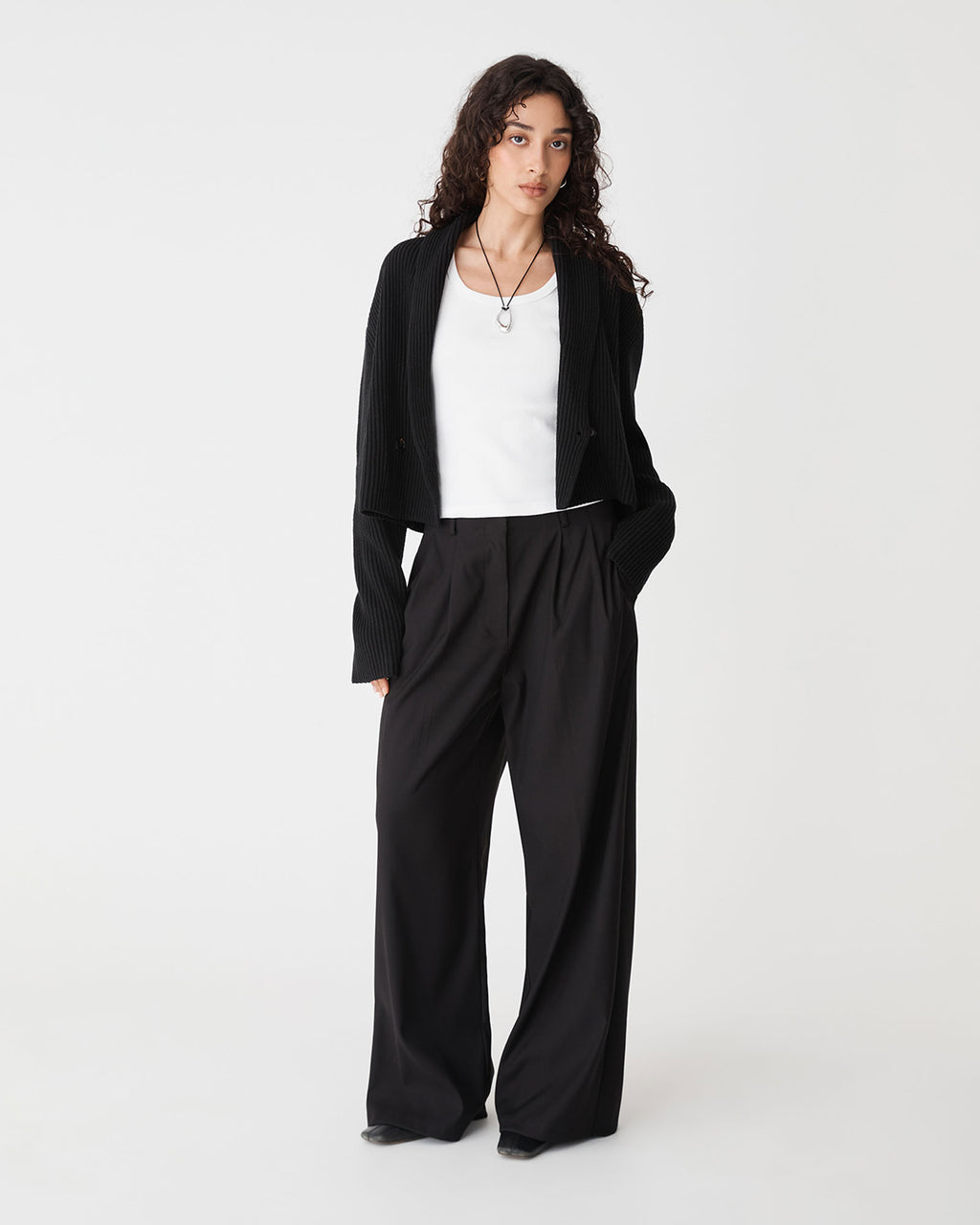 Avery Shawl Collar Cardigan in black — full-length view