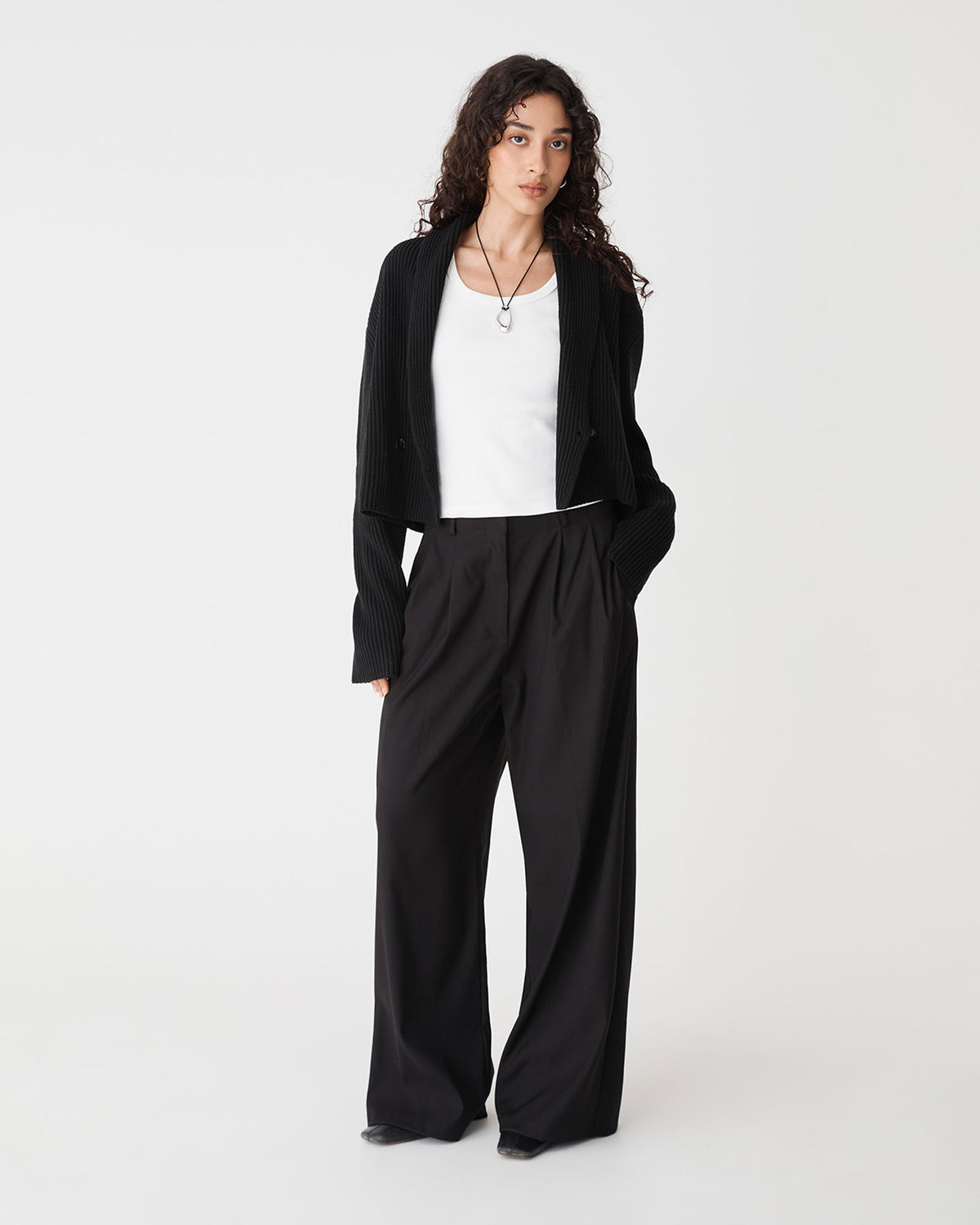Avery Shawl Collar Cardigan in black — full-length view