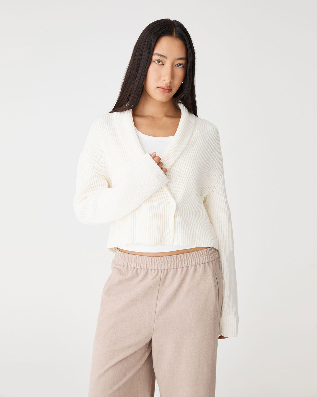 Avery Shawl Collar Cardigan in ivory — close-up view