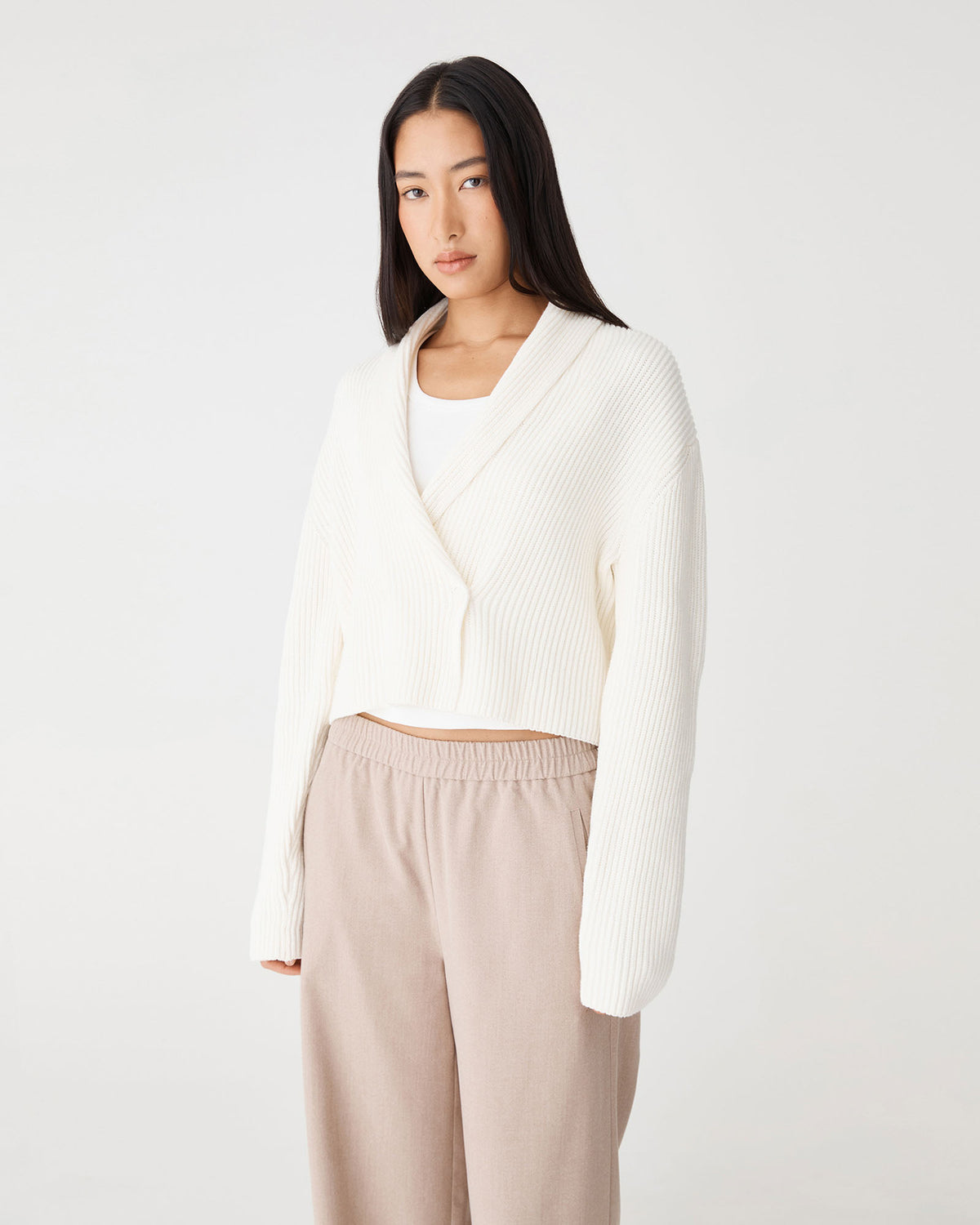 Avery Shawl Collar Cardigan in ivory — close-up view 2