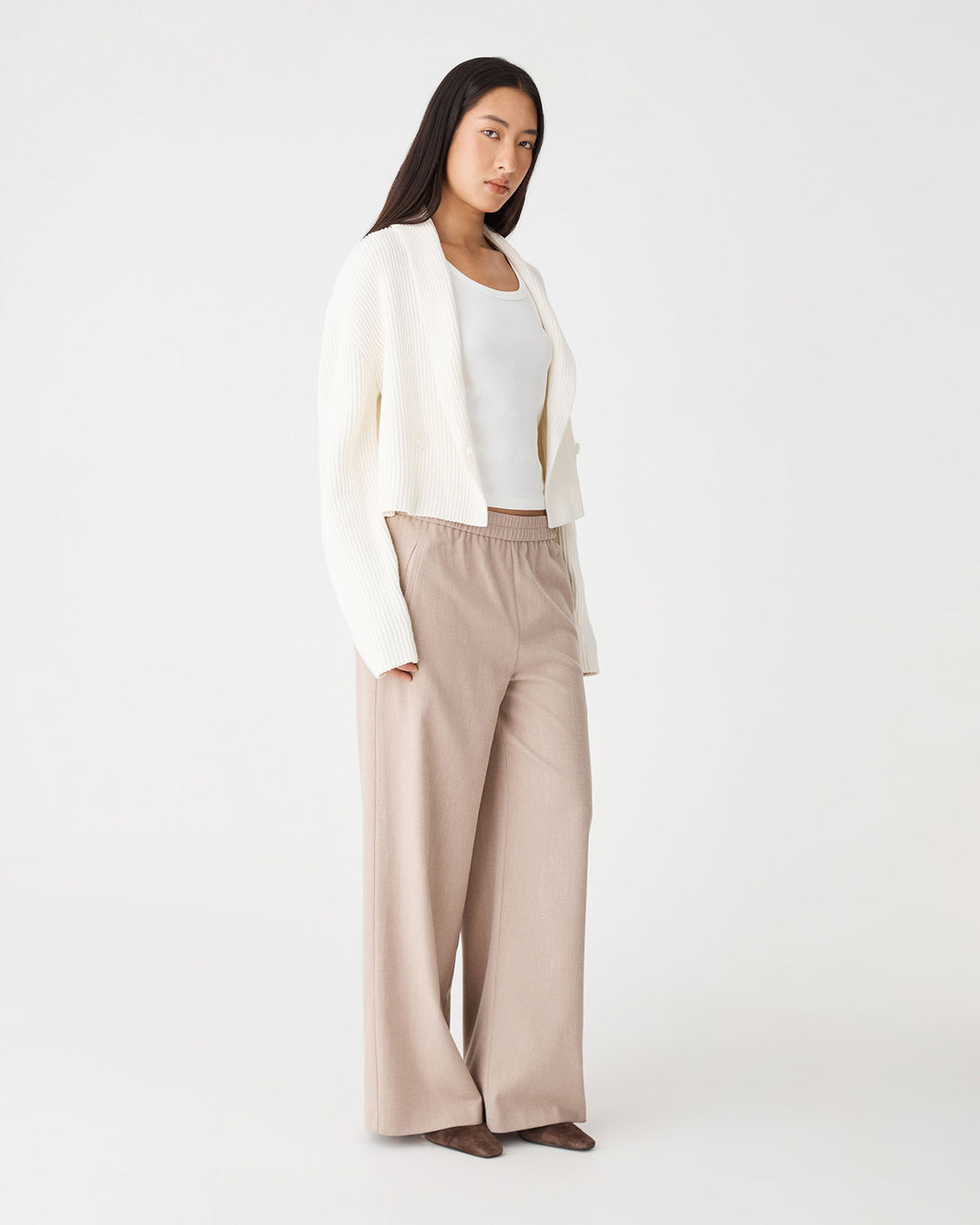 Avery Shawl Collar Cardigan in ivory — side view