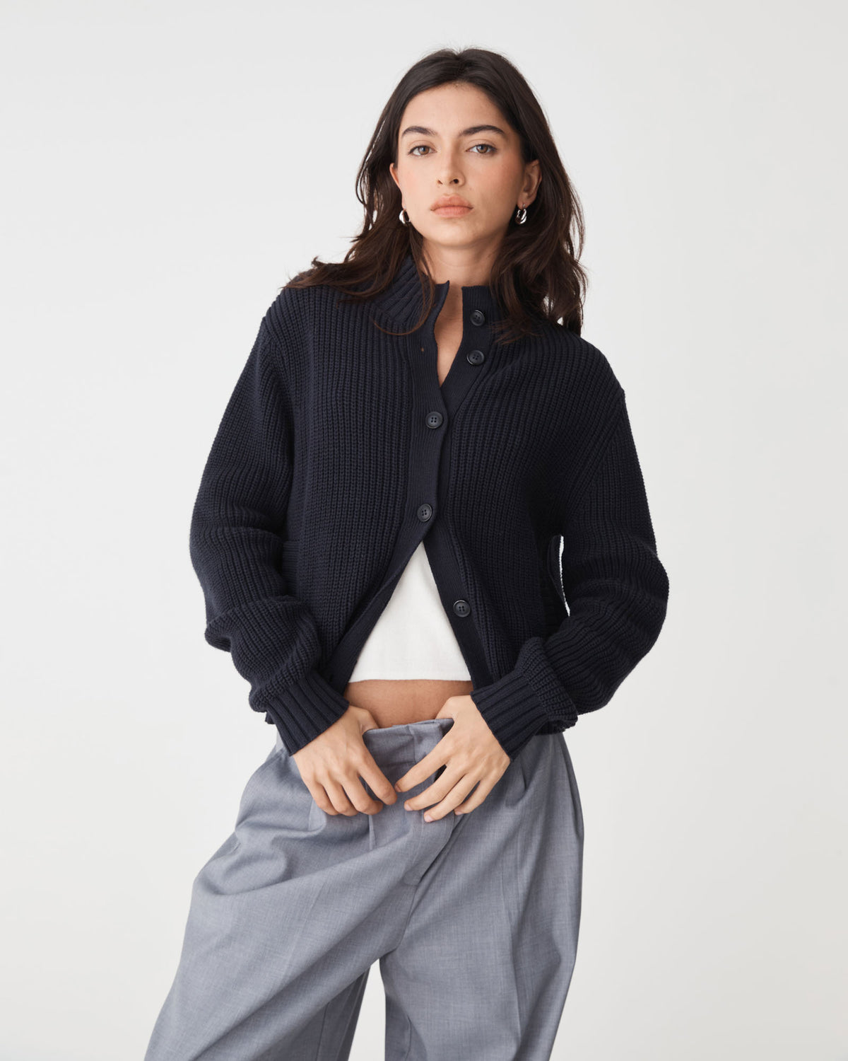 Petra Rib Knit Cardigan in midnight — close-up view