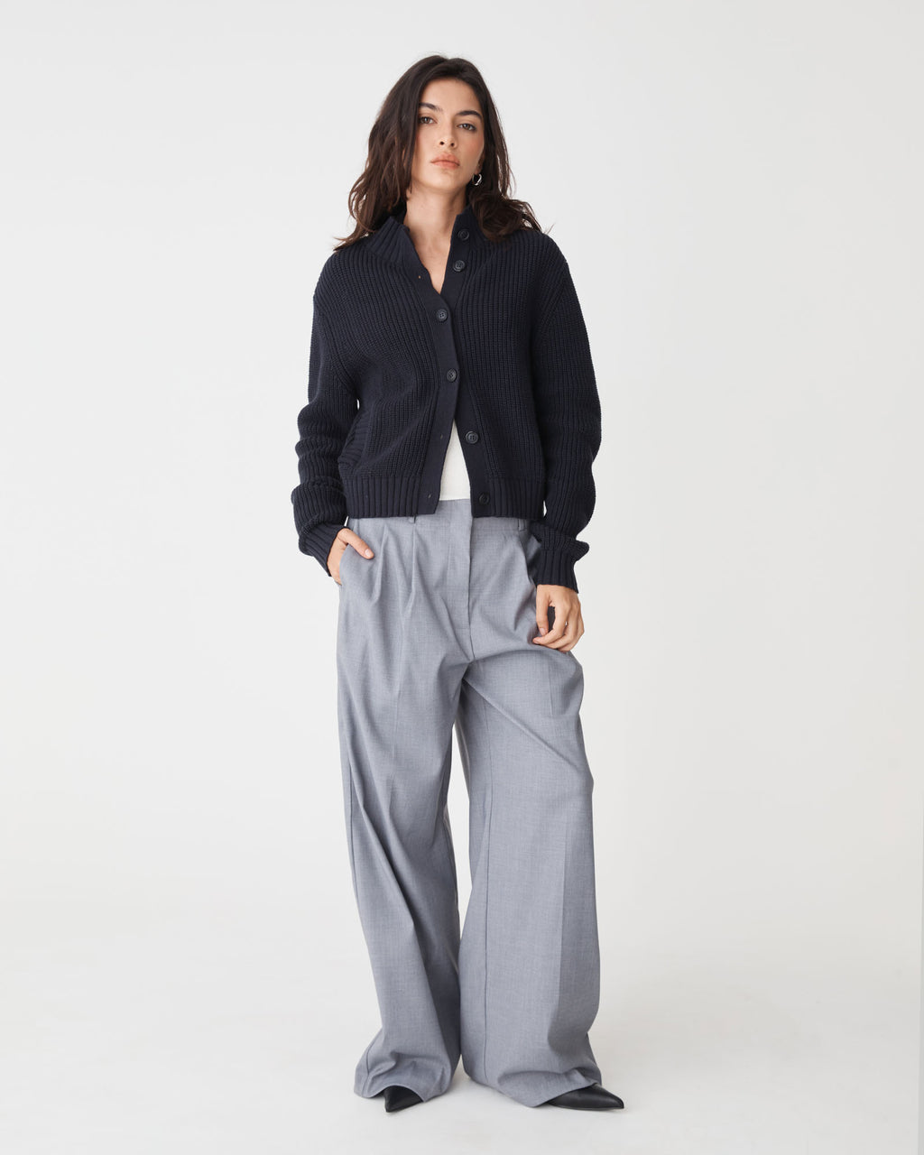 Petra Rib Knit Cardigan in midnight — full-length view