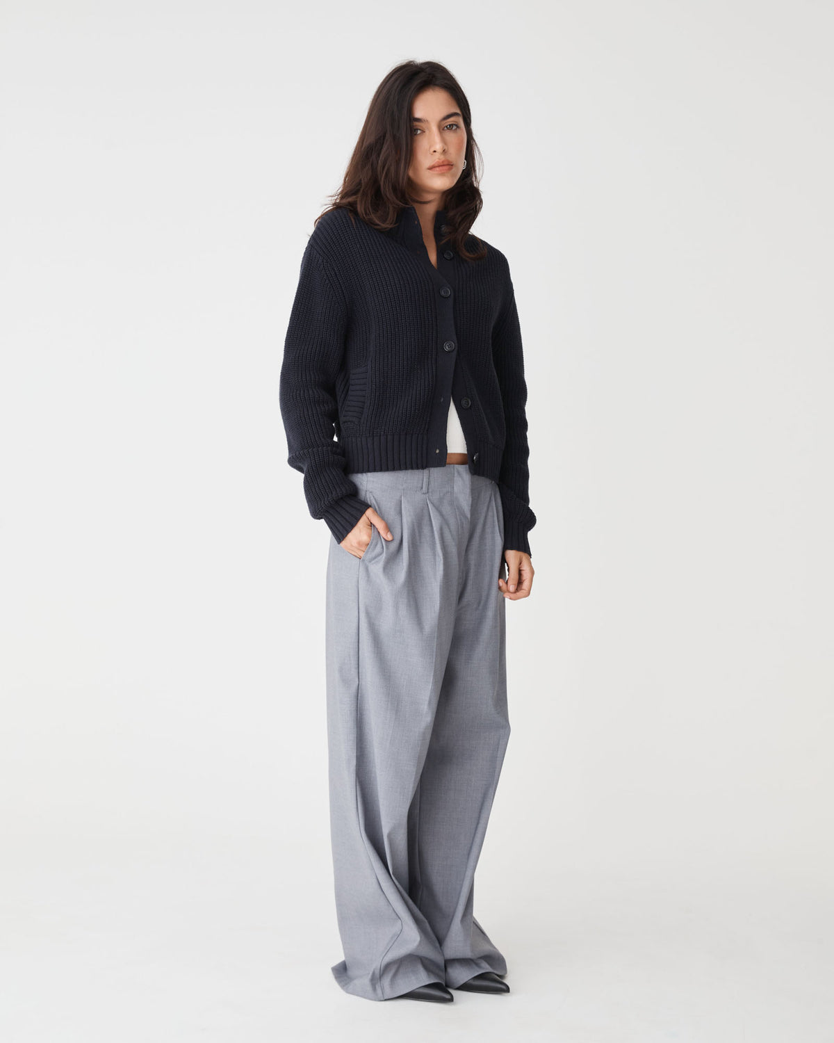 Petra Rib Knit Cardigan in midnight — side view