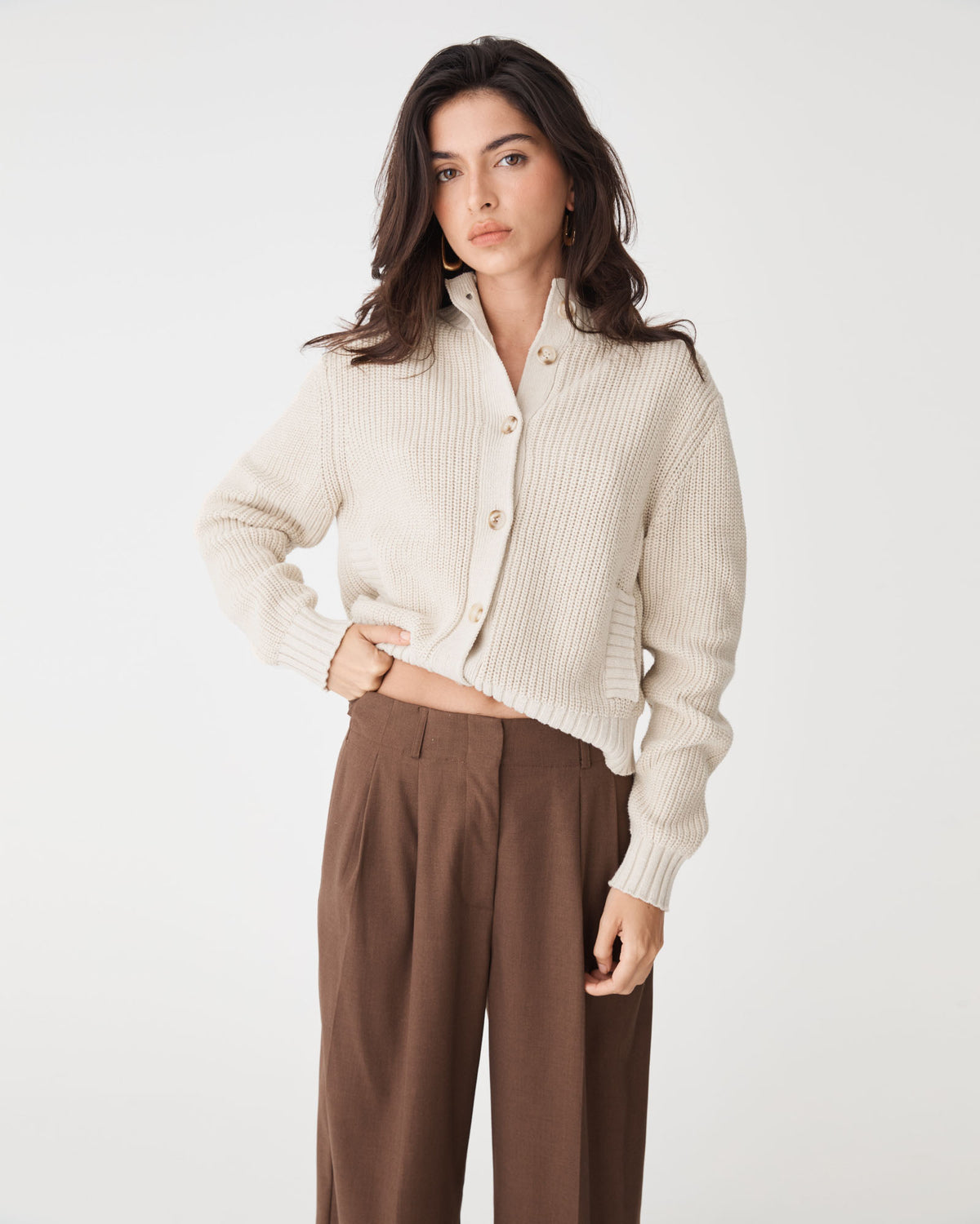 Petra Rib Knit Cardigan in oatmeal — close-up view