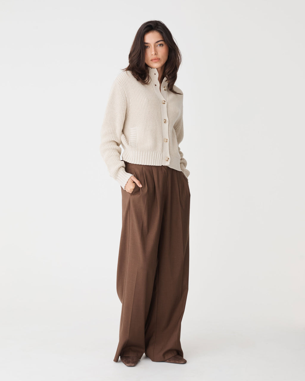 Petra Rib Knit Cardigan in oatmeal — full-length view