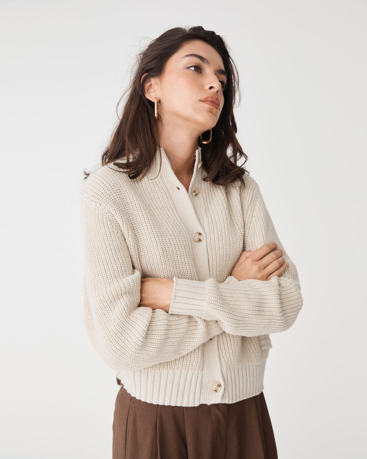 Petra Rib Knit Cardigan in oatmeal — side view