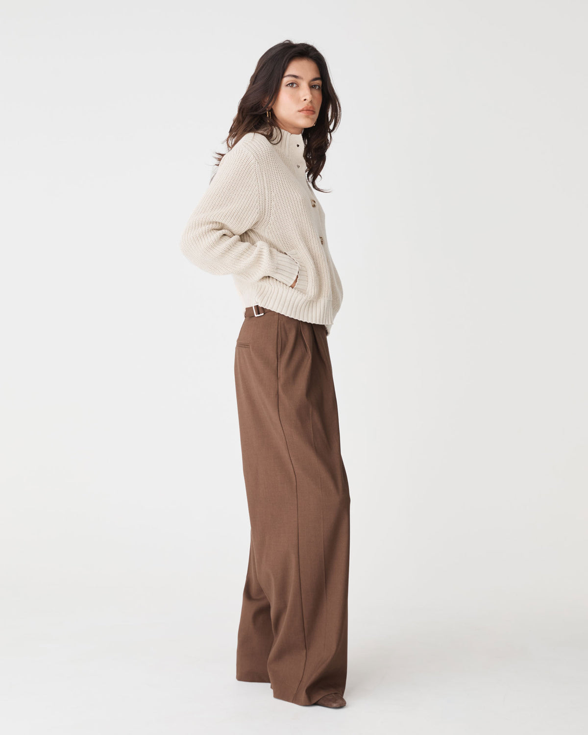 Petra Rib Knit Cardigan in oatmeal — side view 2