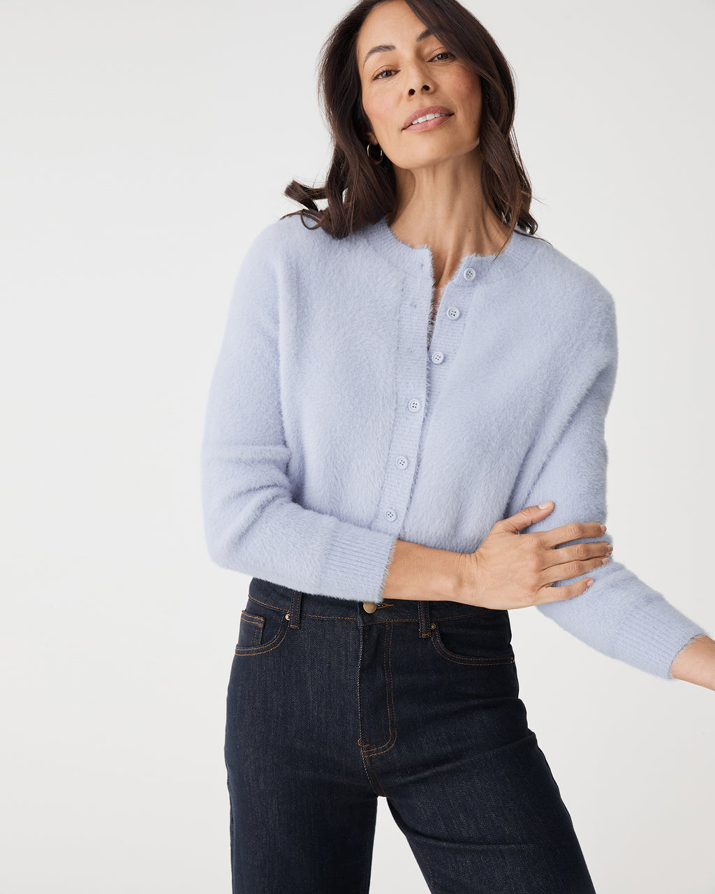 Vanessa Fluffy Cardigan in dusk — close-up view 2