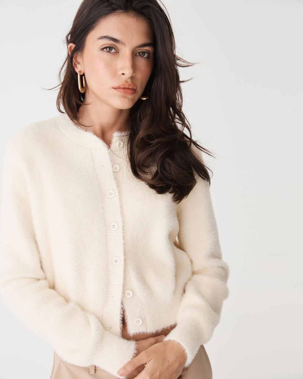 Vanessa Fluffy Cardigan in eggnog — close-up view 2