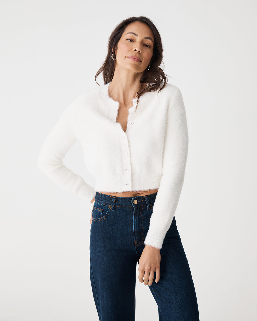 Vanessa Fluffy Cardigan in ivory — close-up view