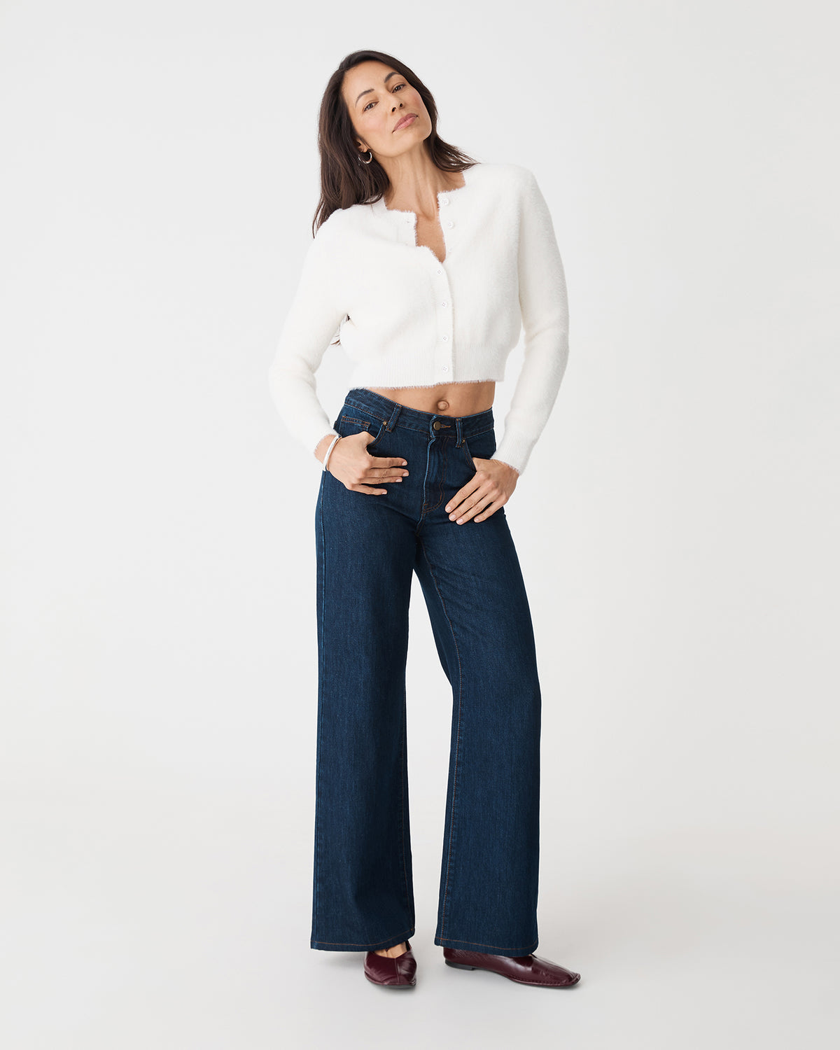Vanessa Fluffy Cardigan in ivory — full-length view