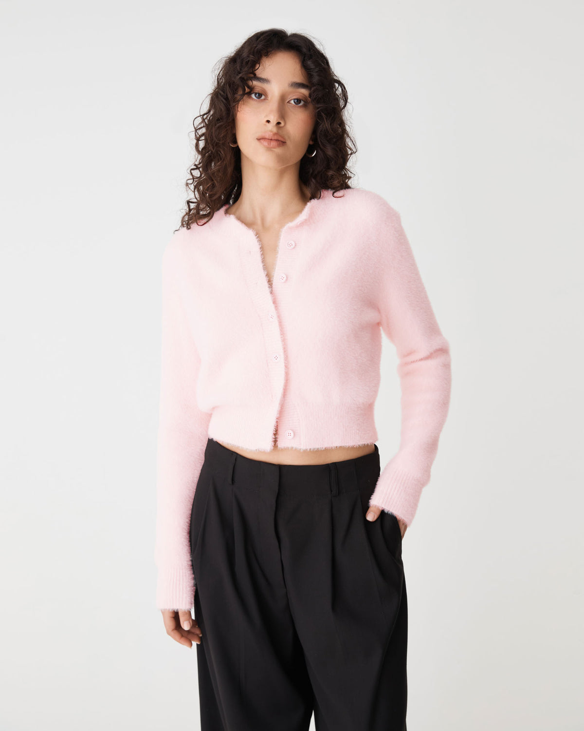 Vanessa Fluffy Cardigan in soft pink — close-up view