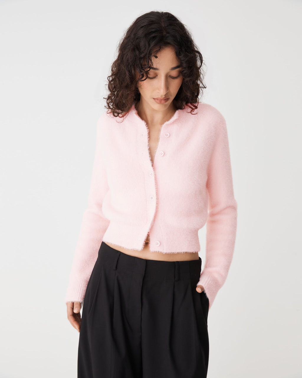 Vanessa Fluffy Cardigan in soft pink — close-up view 2