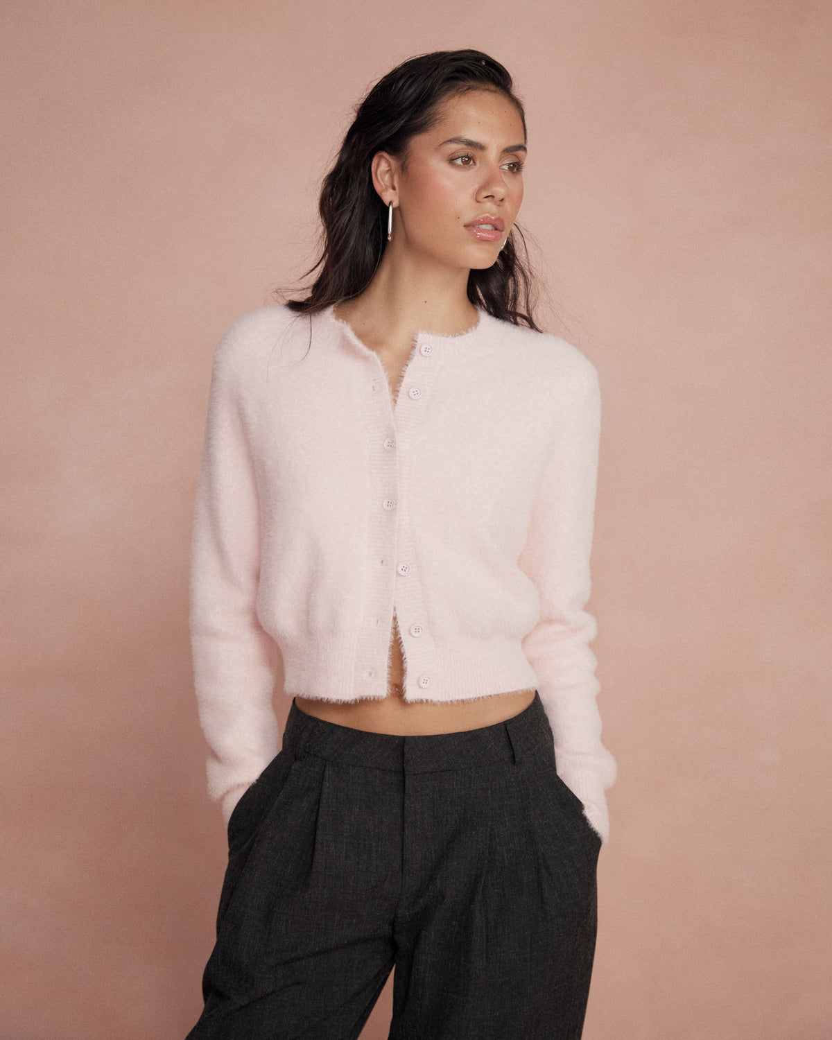 Vanessa Fluffy Cardigan in soft pink — close-up view 3