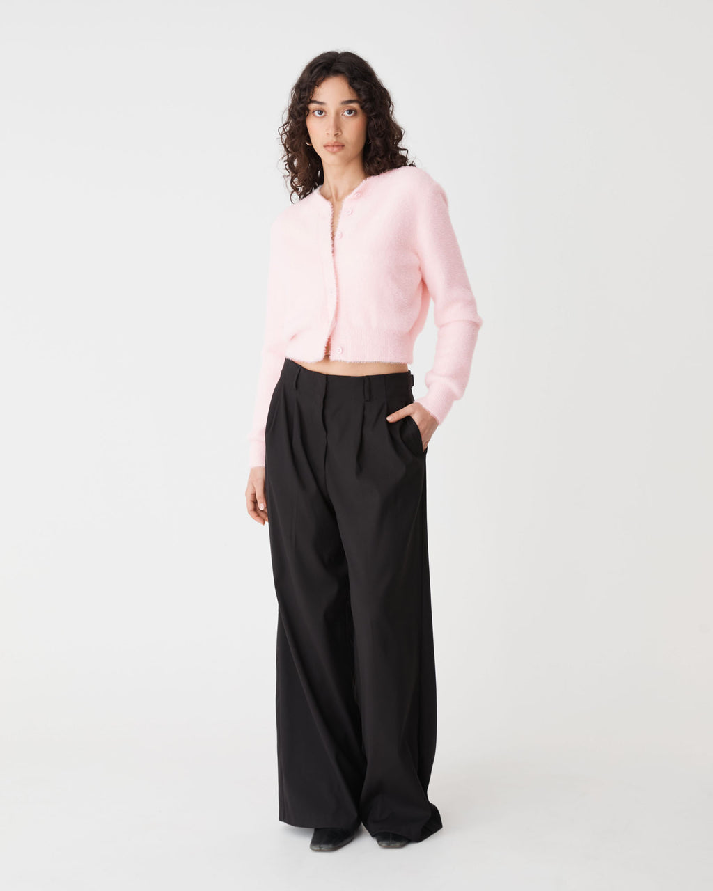 Vanessa Fluffy Cardigan in soft pink — full-length view