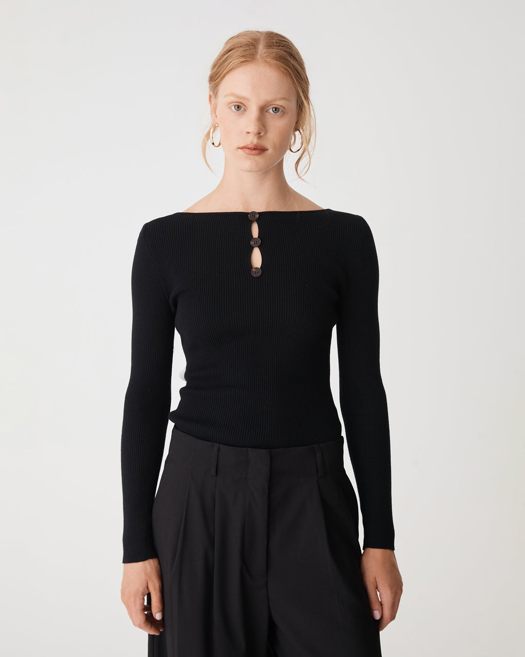 Logan Button Keyhole Rib Knit in black — close-up view
