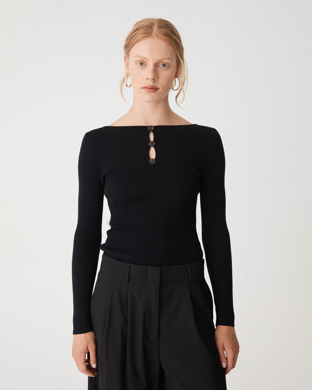 Logan Button Keyhole Rib Knit in black — close-up view