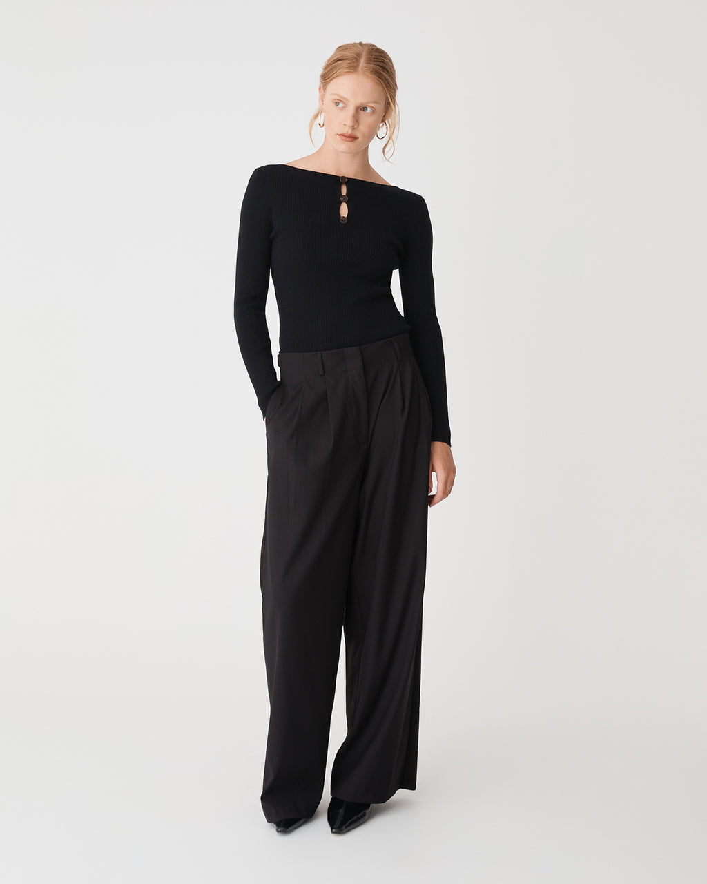 Logan Button Keyhole Rib Knit in black — full-length view