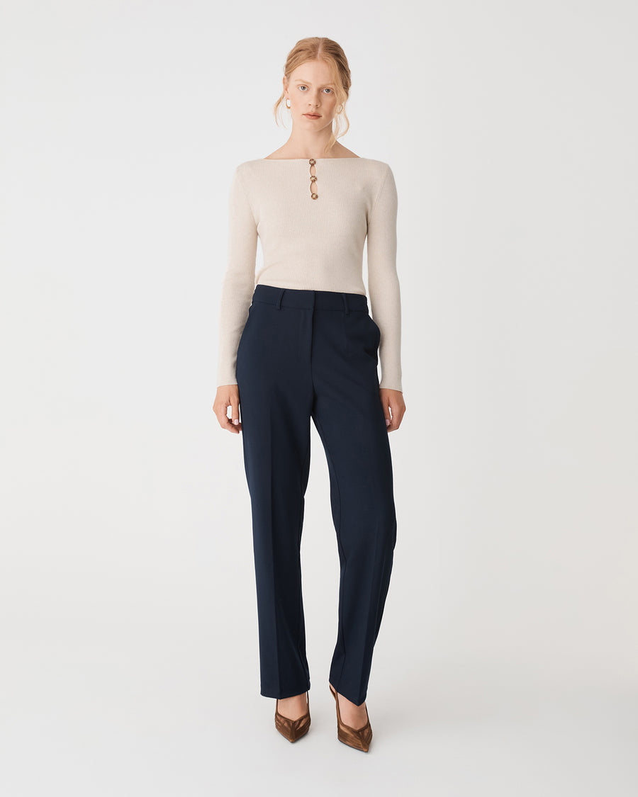 Logan Button Keyhole Rib Knit in buttercream — full-length view