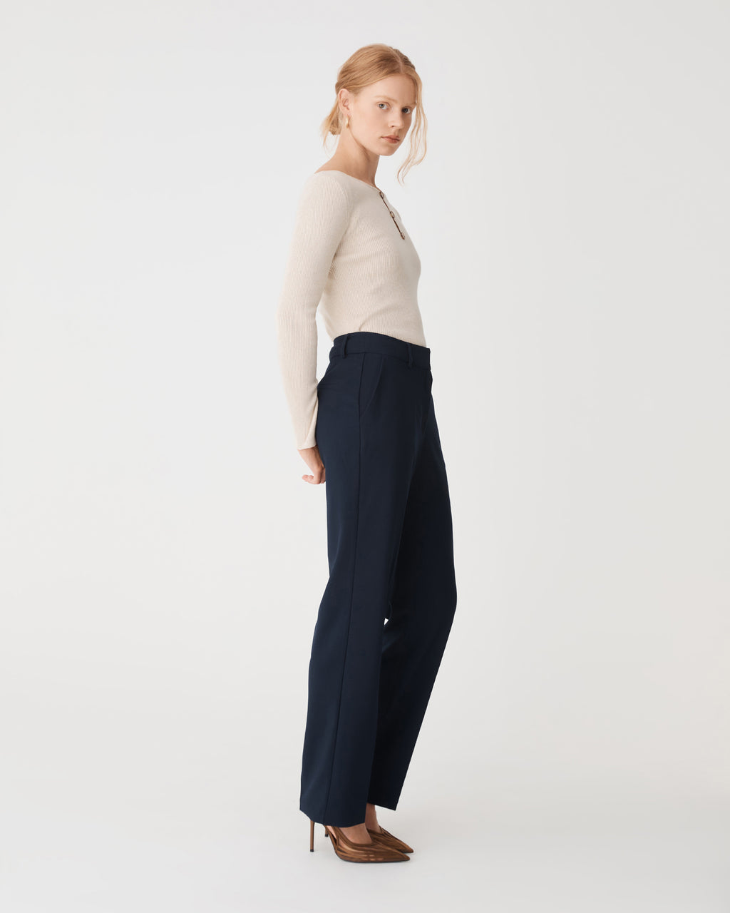Logan Button Keyhole Rib Knit in buttercream — side view