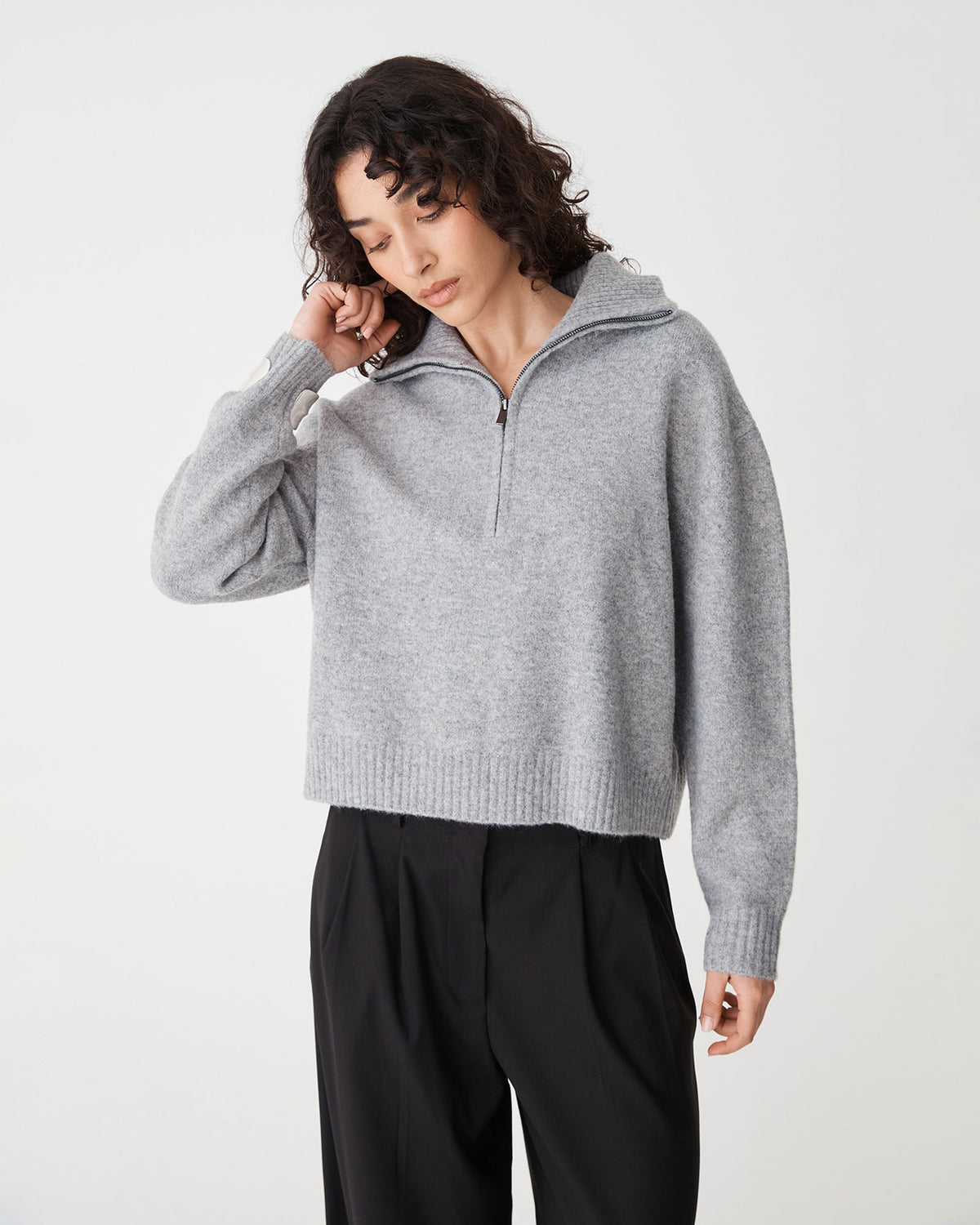 Marnie Half Zip Jumper in grey marle — close-up view