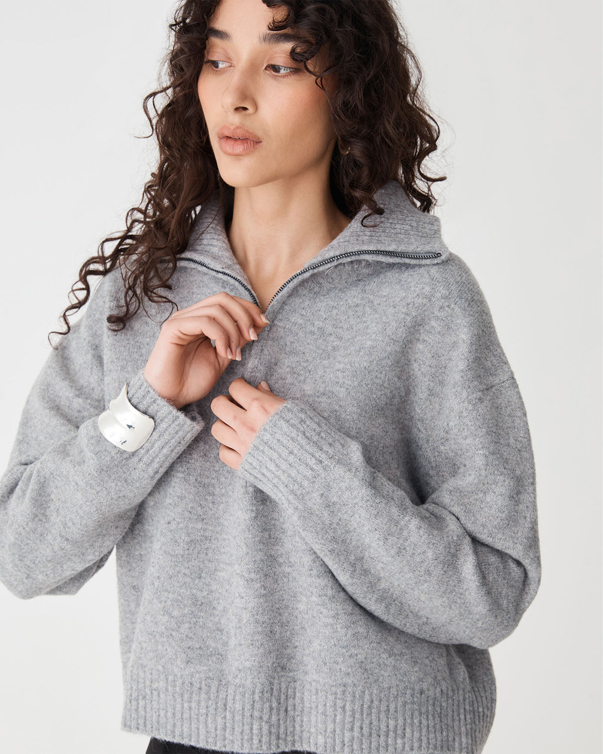 Marnie Half Zip Jumper in grey marle — close-up view 2