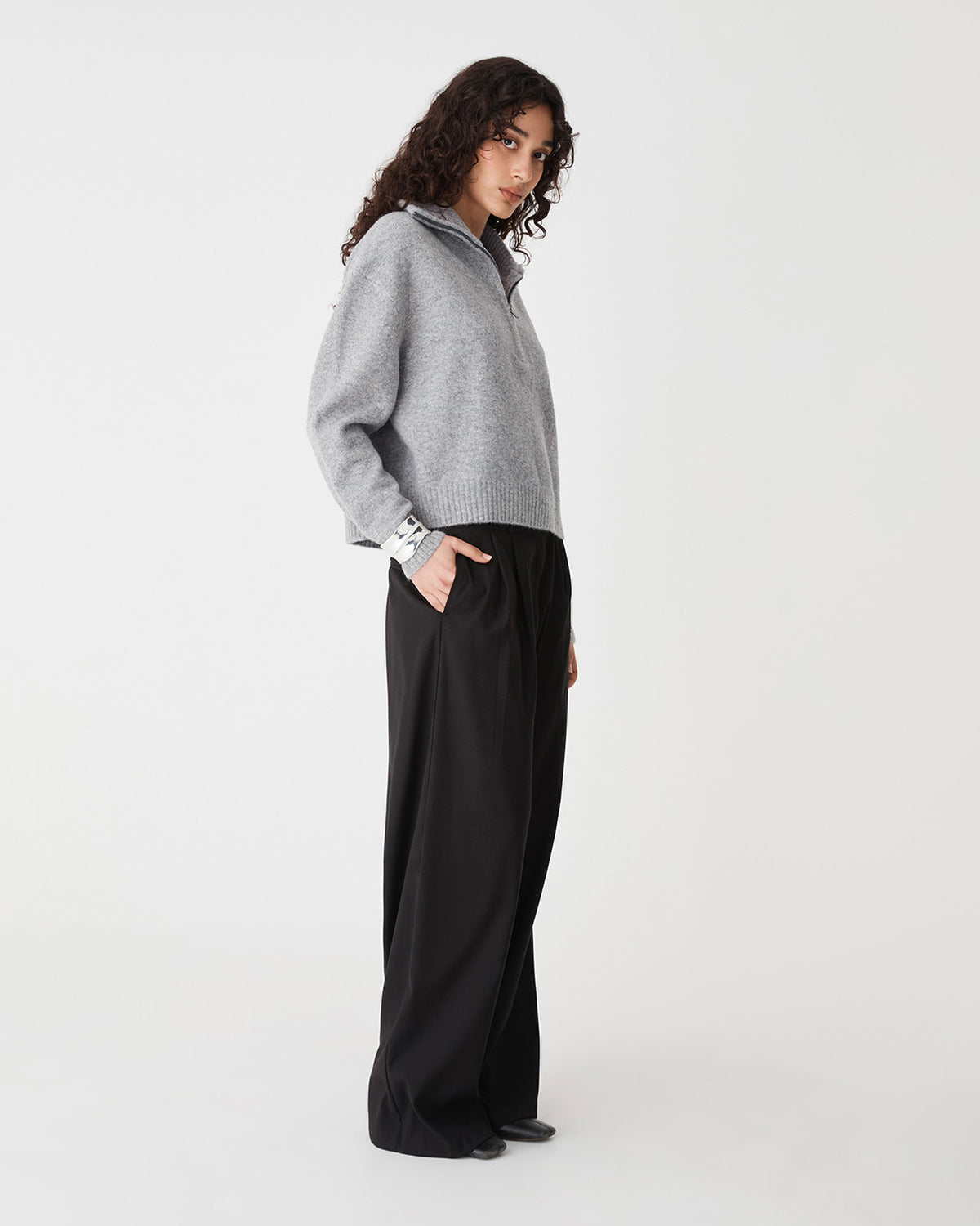 Marnie Half Zip Jumper in grey marle — side view