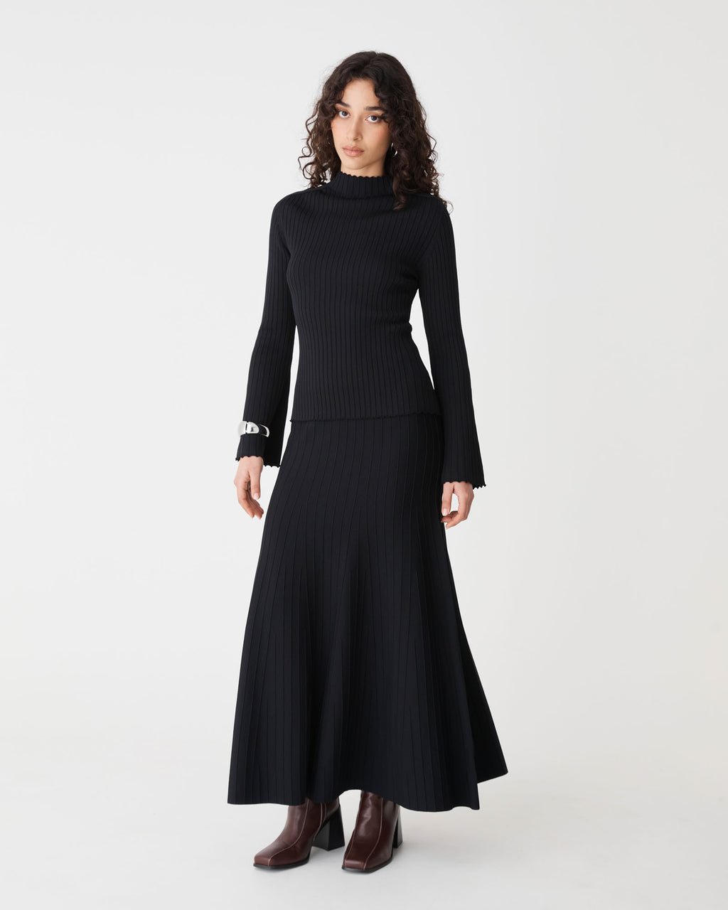 Nevaeh Bell Sleeve Knit in black — full-length view