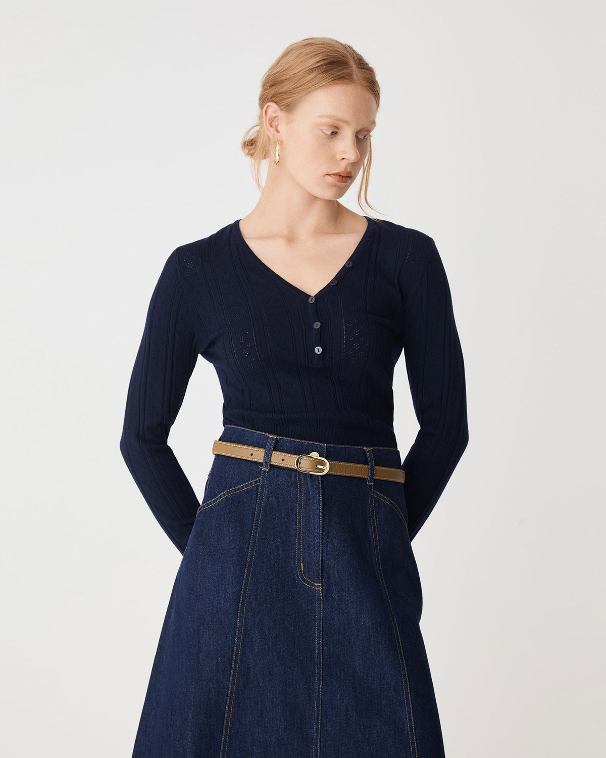 Lacey Pointelle Knit in navy — close-up view