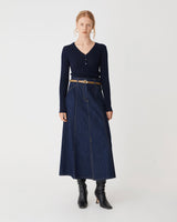 Lacey Pointelle Knit in navy — full-length view