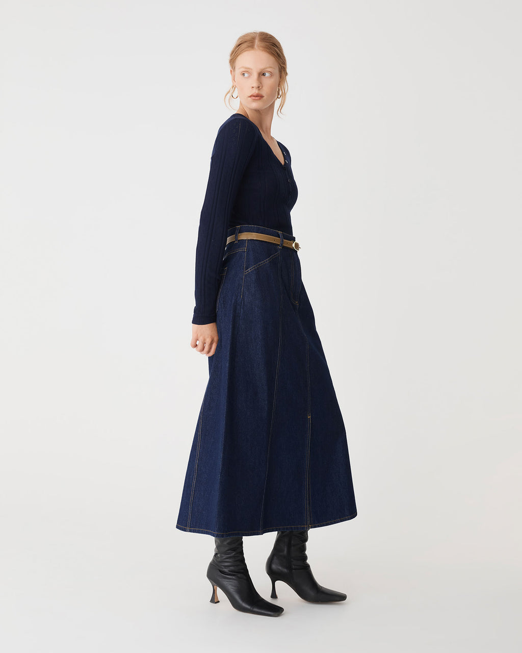 Lacey Pointelle Knit in navy — side view