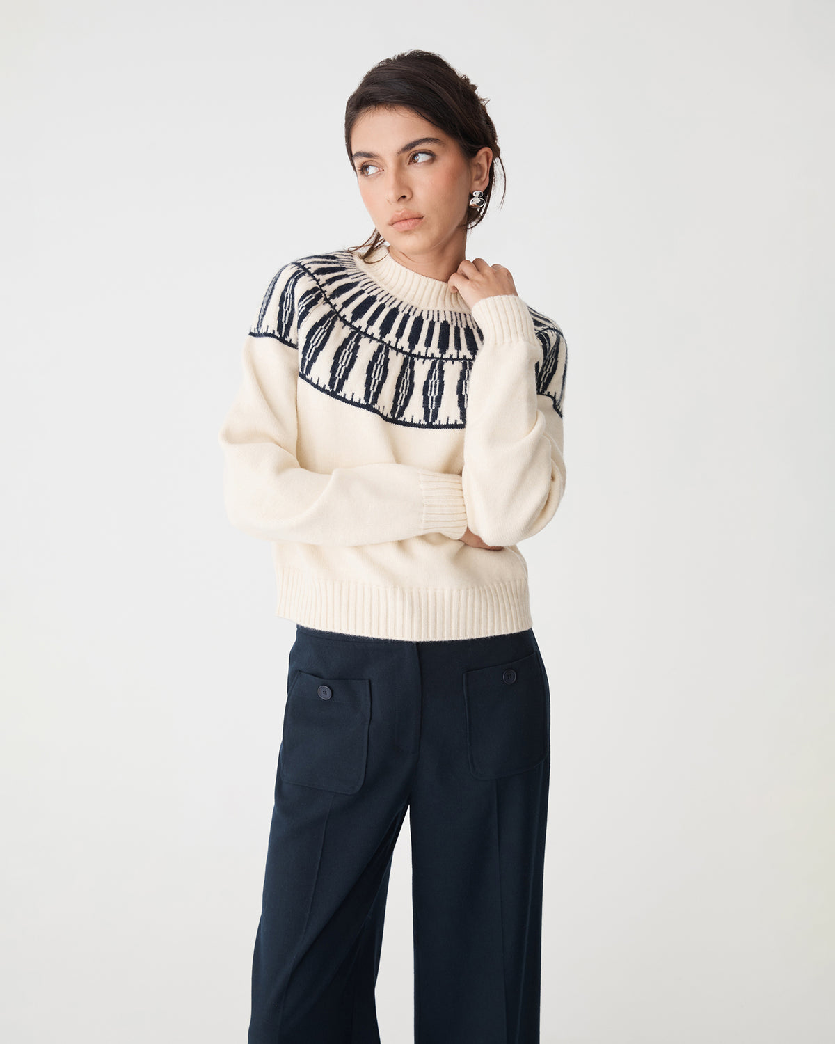 Allegra Fair Isle Sweater in ivory navy — close-up view