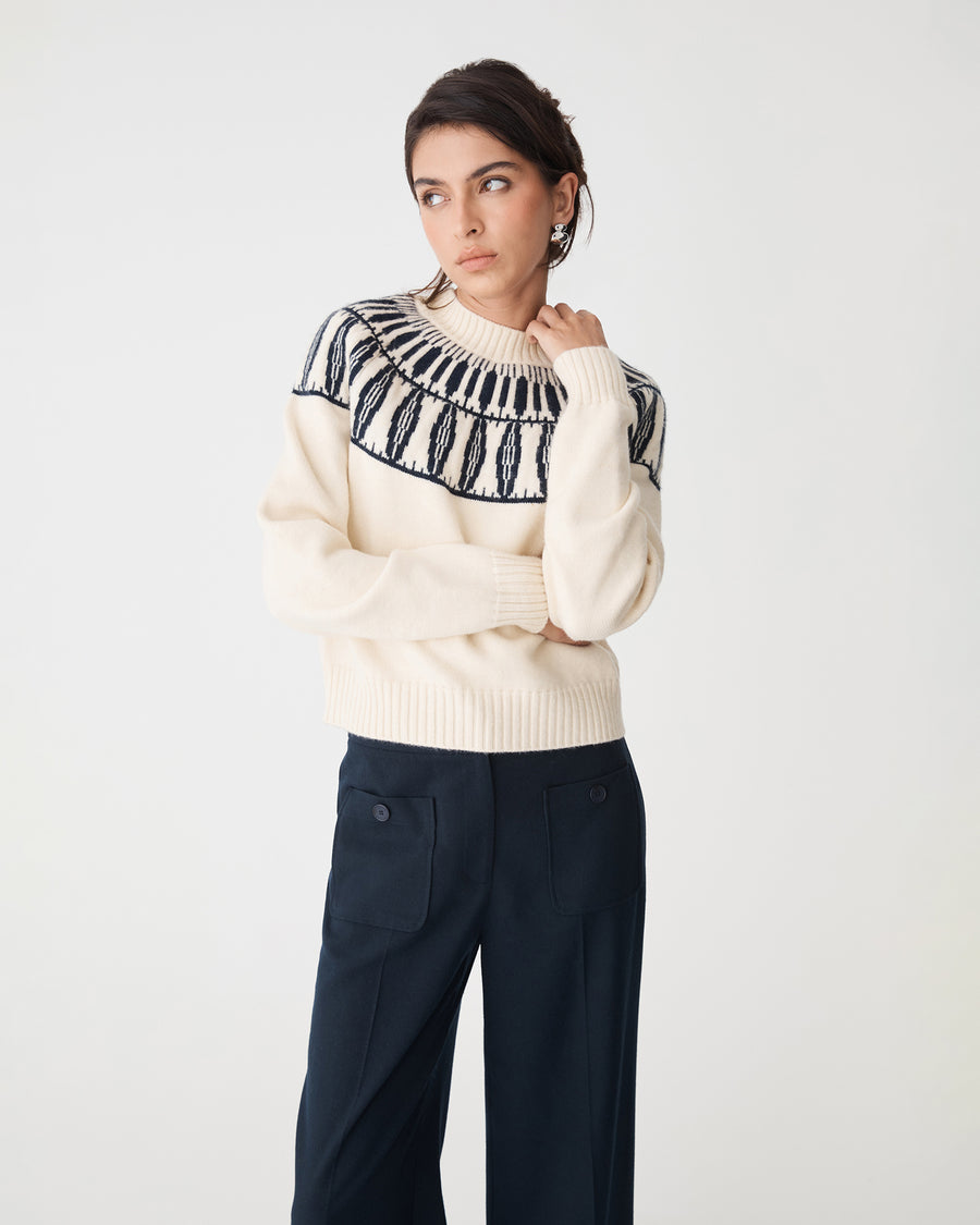 Allegra Fair Isle Sweater in ivory navy — close-up view