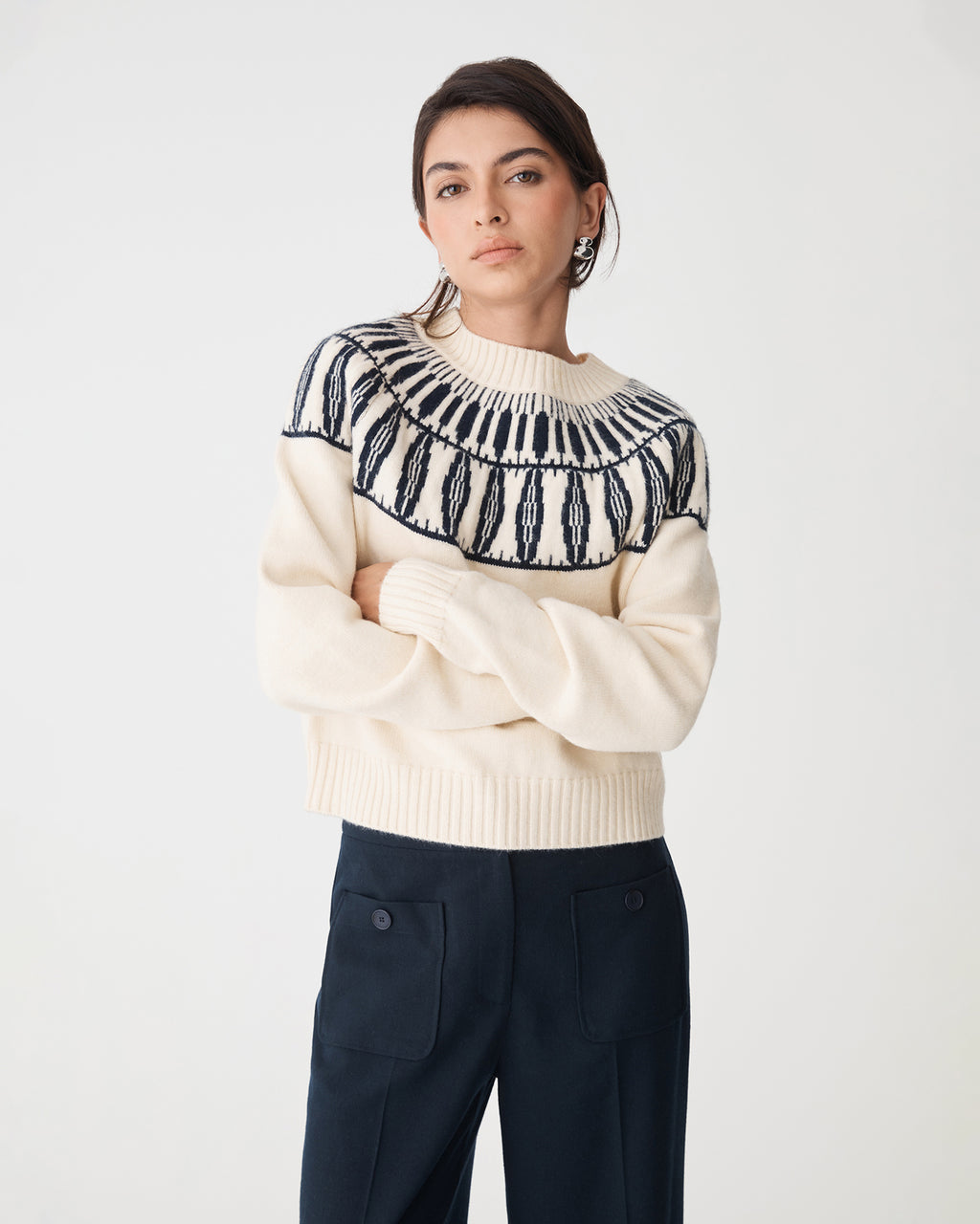Allegra Fair Isle Sweater in ivory navy — close-up view 2