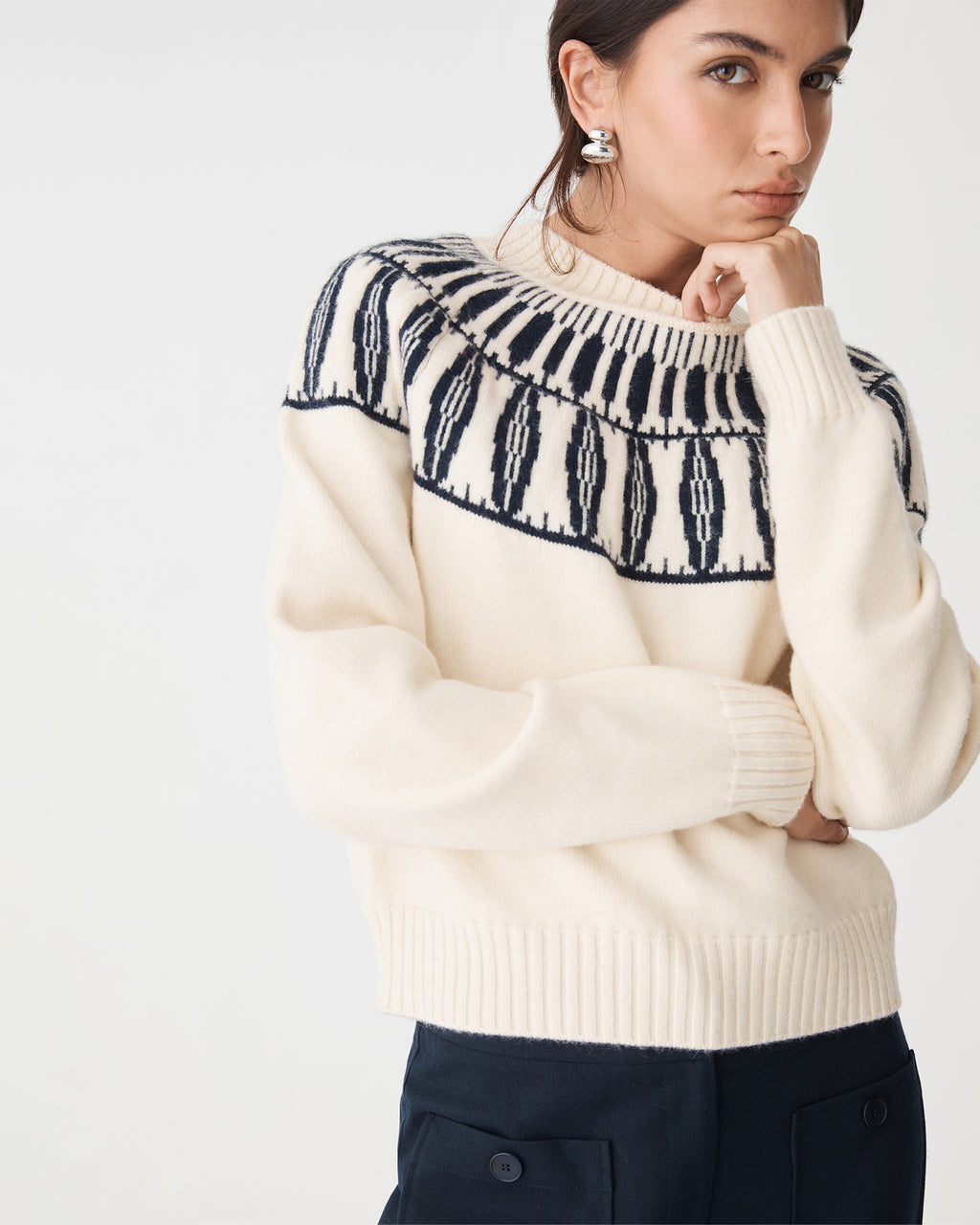 Allegra Fair Isle Sweater in ivory navy — close-up view 3