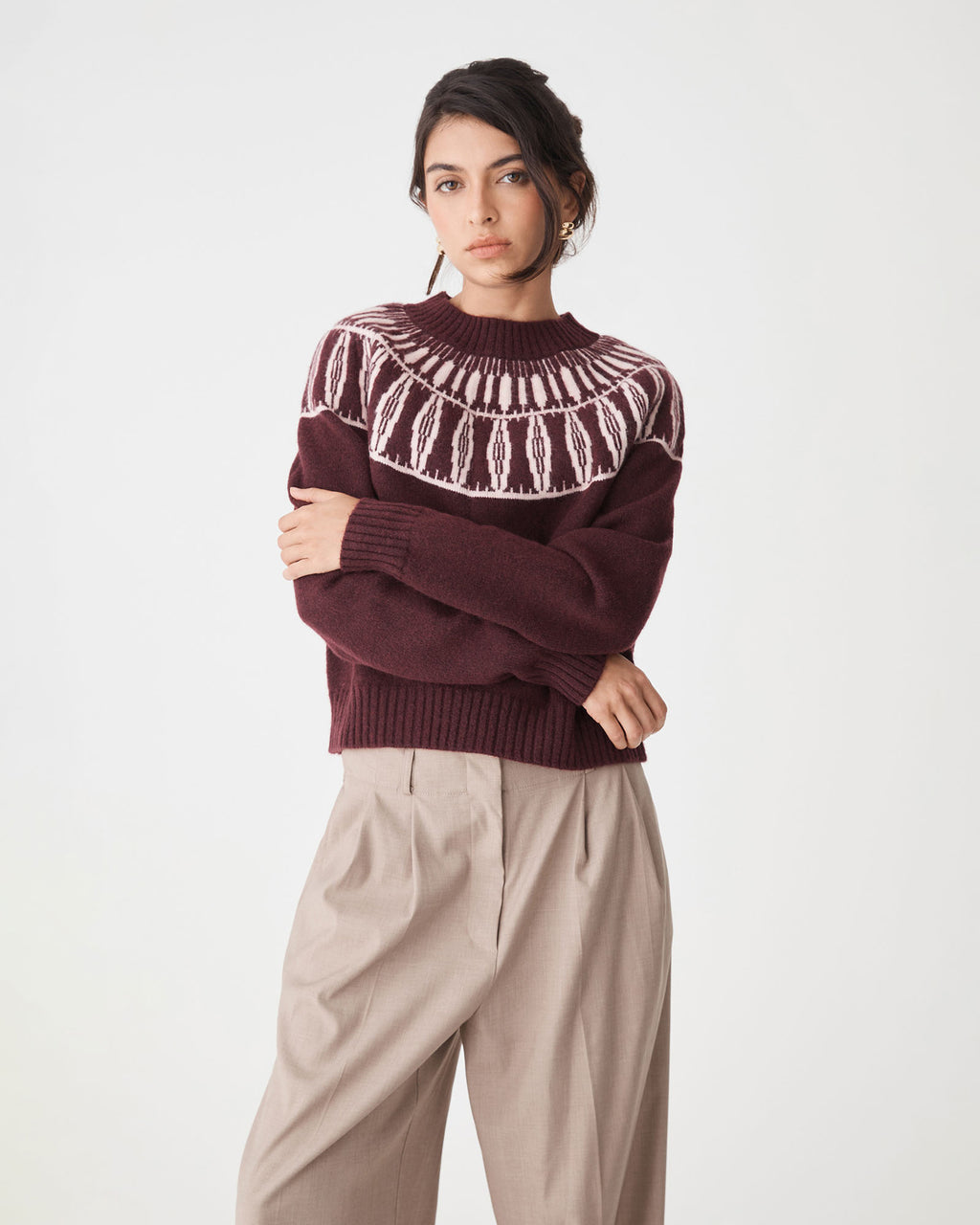 Allegra Fair Isle Sweater in mahogany — close-up view
