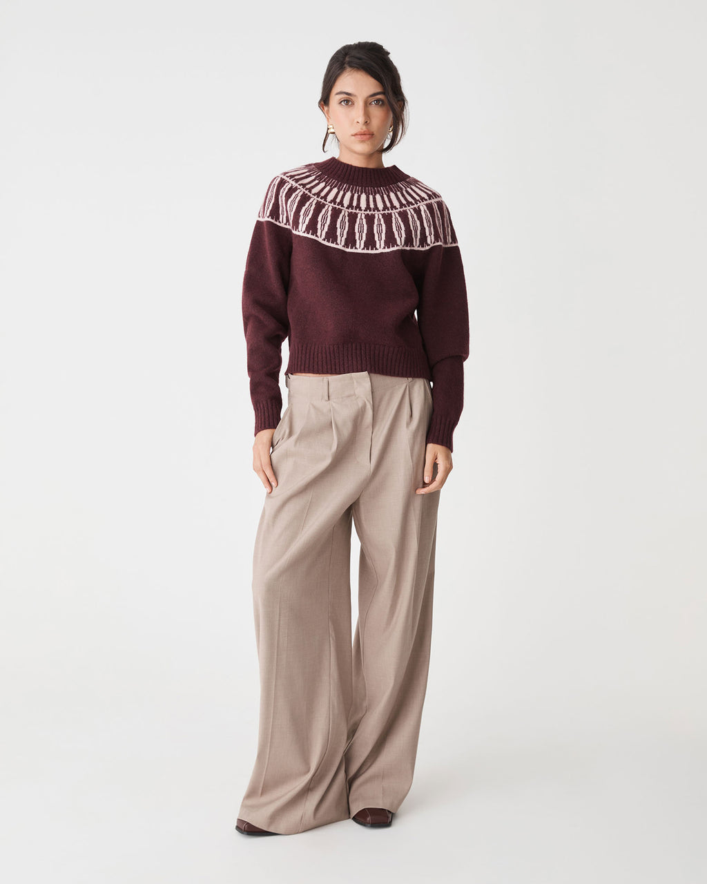 Allegra Fair Isle Sweater in mahogany — full-length view