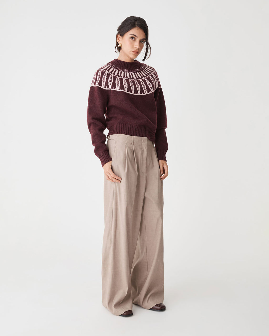 Allegra Fair Isle Sweater in mahogany — full-length view 2
