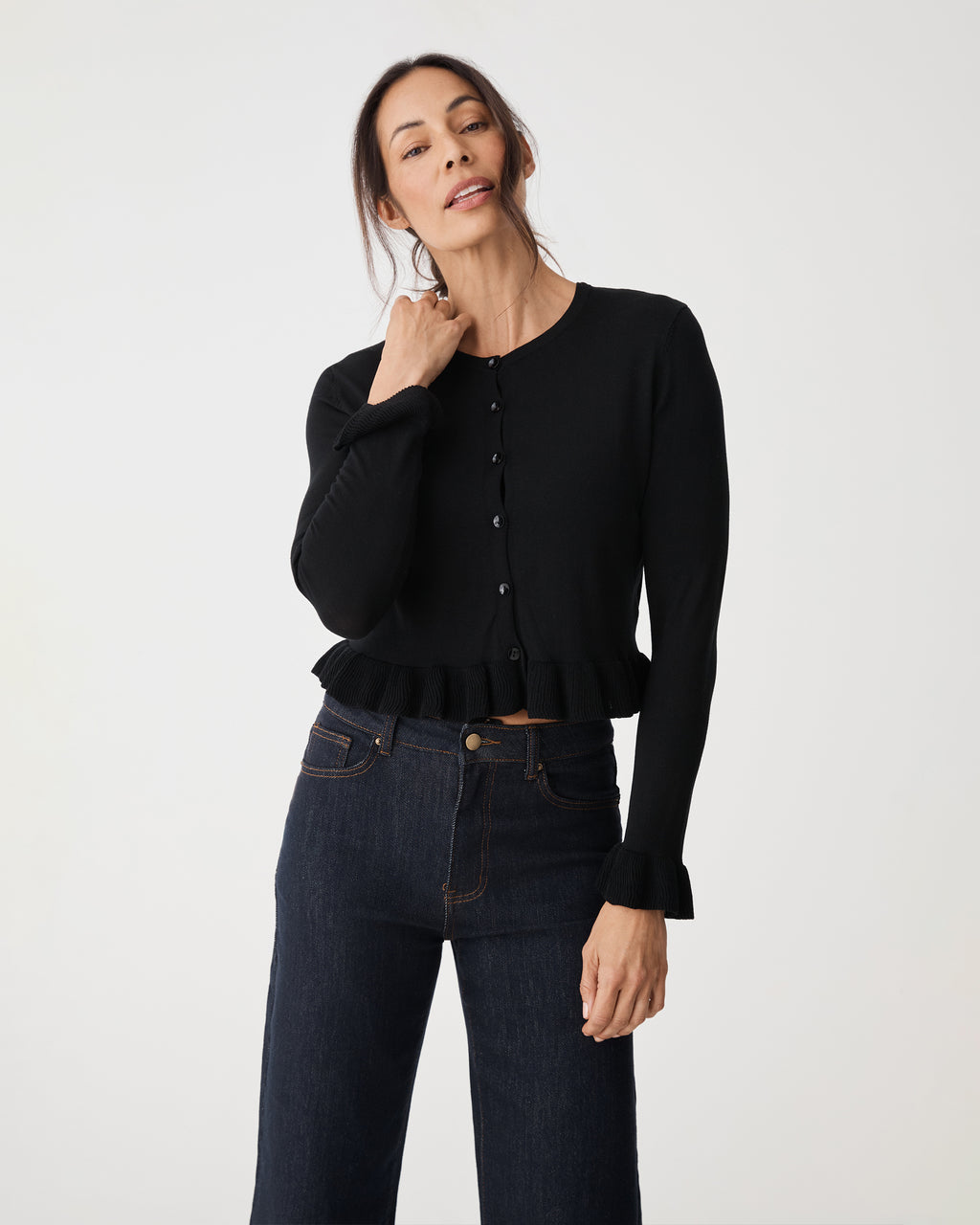 Daisy Tencel Frill Cardigan in black — close-up view