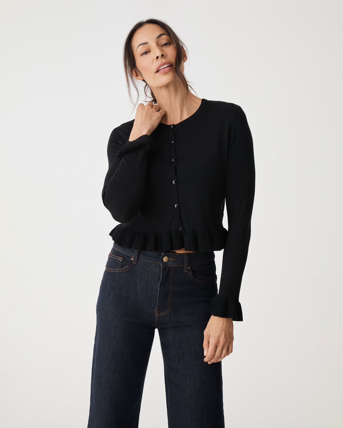 Daisy Tencel Frill Cardigan in black — close-up view