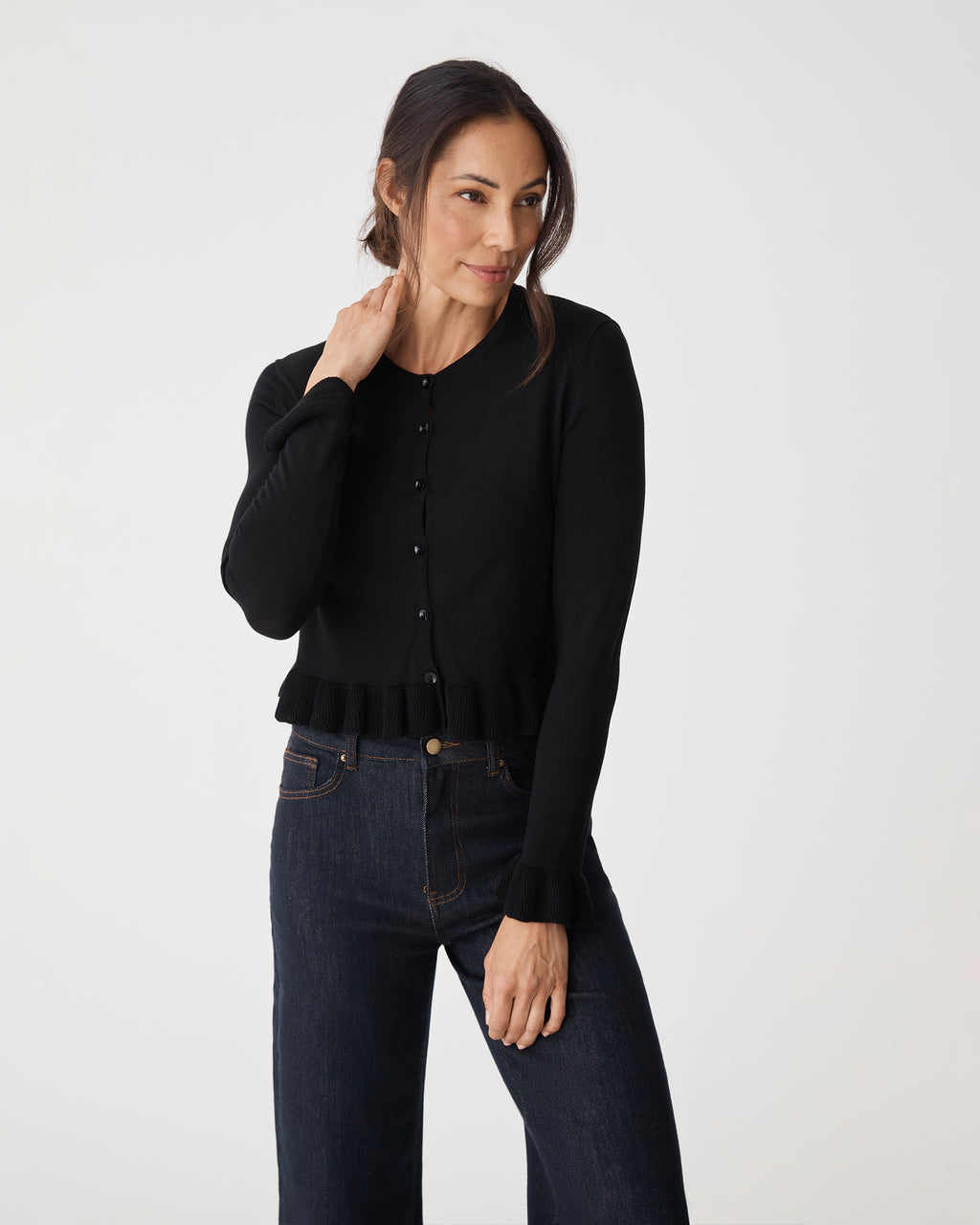 Daisy Tencel Frill Cardigan in black — close-up view 2