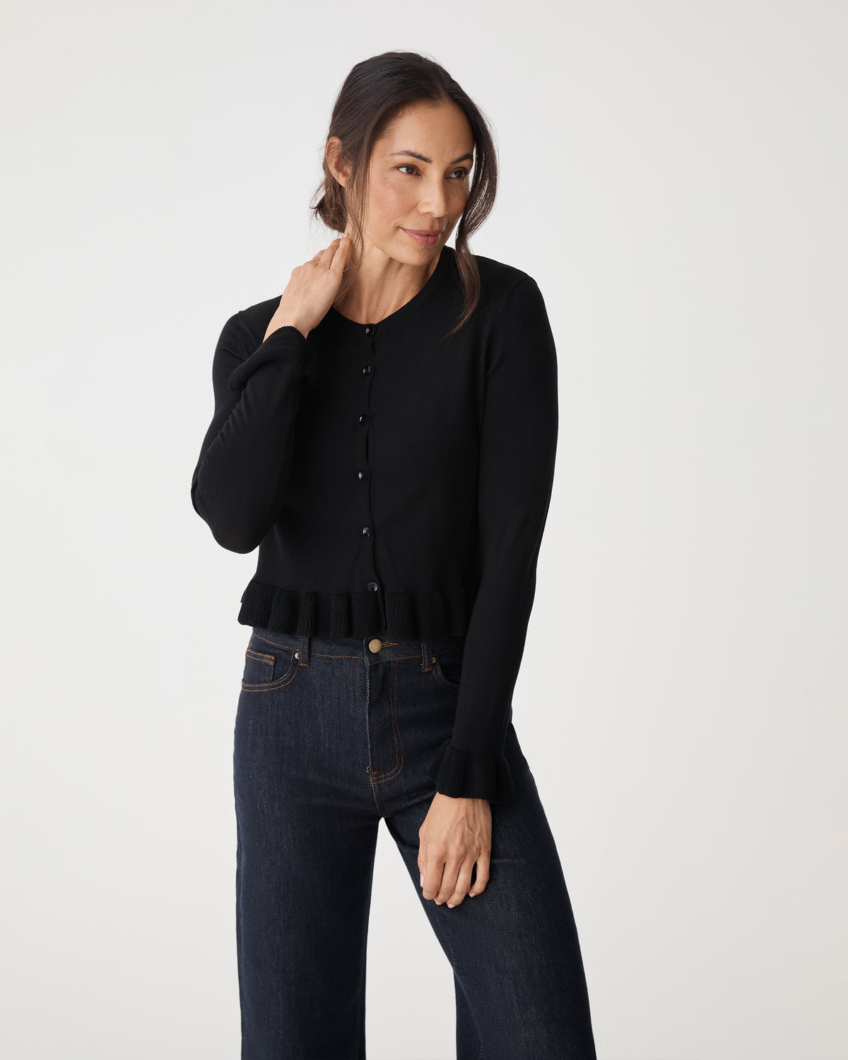 Daisy Tencel Frill Cardigan in black — close-up view 2