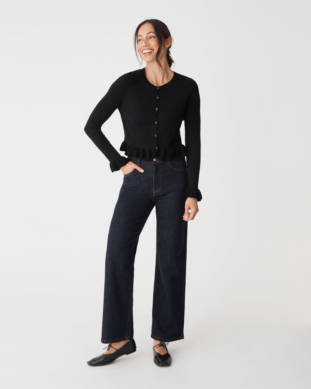 Daisy Tencel Frill Cardigan in black — full-length view