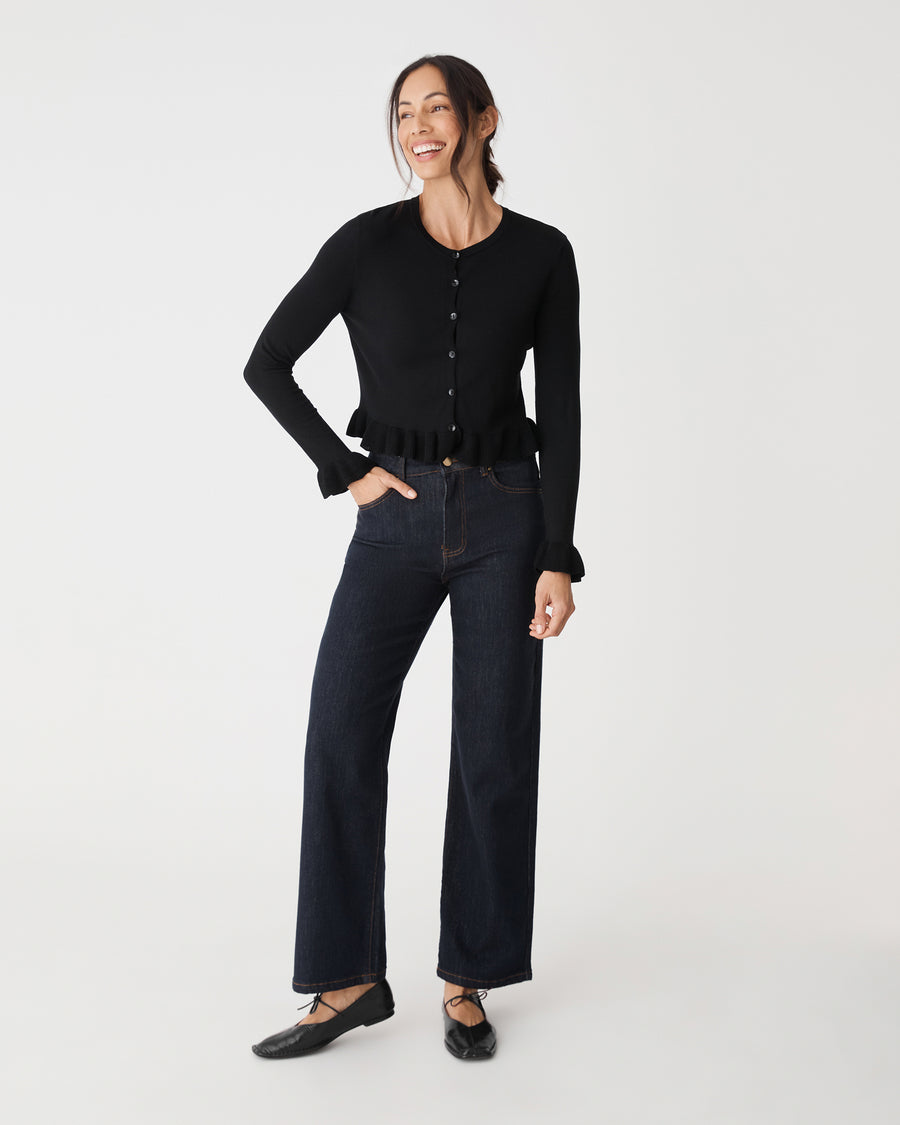 Daisy Tencel Frill Cardigan in black — full-length view
