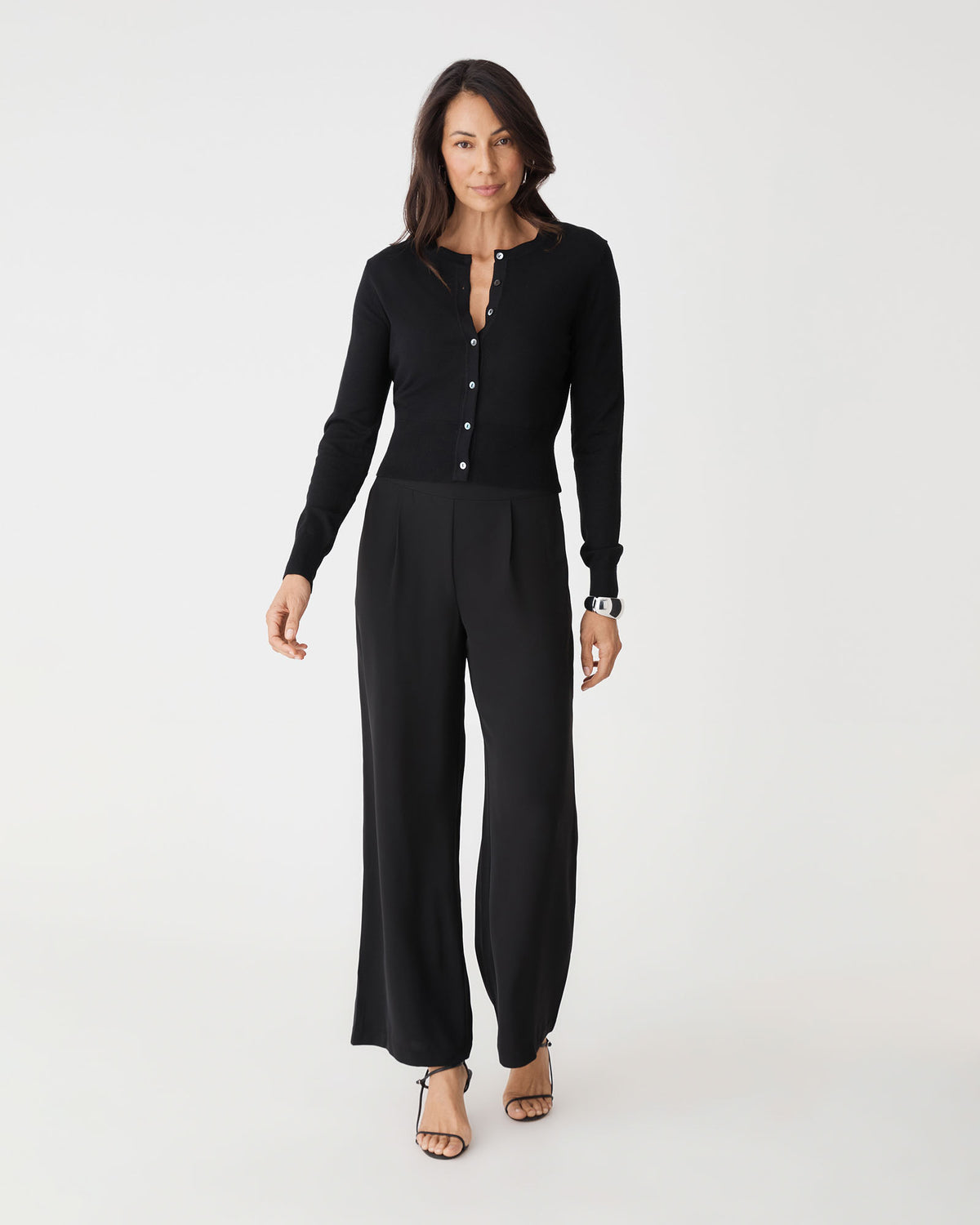 Jessie Crew Neck Cardigan in black — full-length view