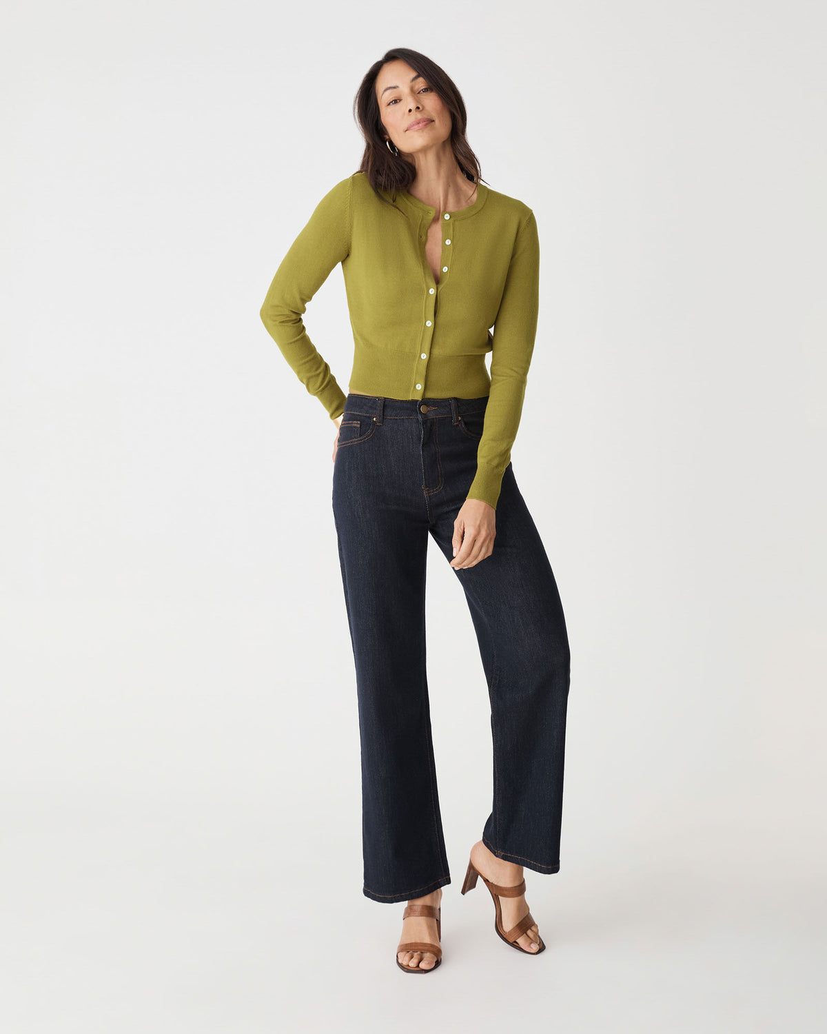 Jessie Crew Neck Cardigan in fennel — full-length view