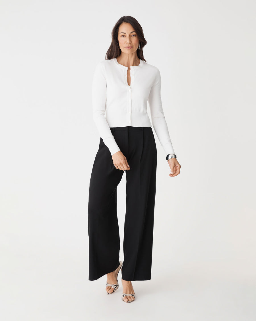 Jessie Crew Neck Cardigan in ivory — full-length view