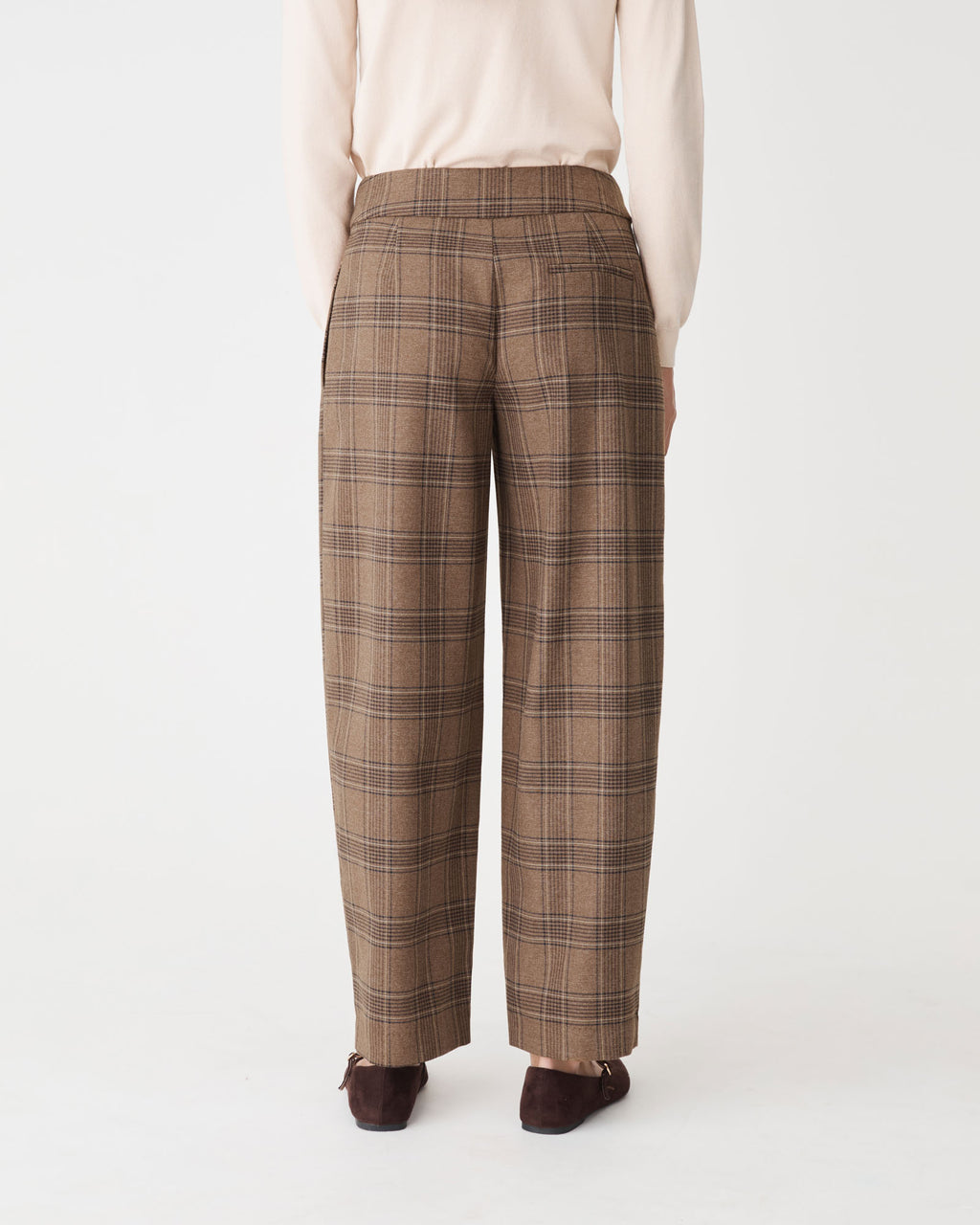 Lani Barrel Leg Check Pants in camel check — back view